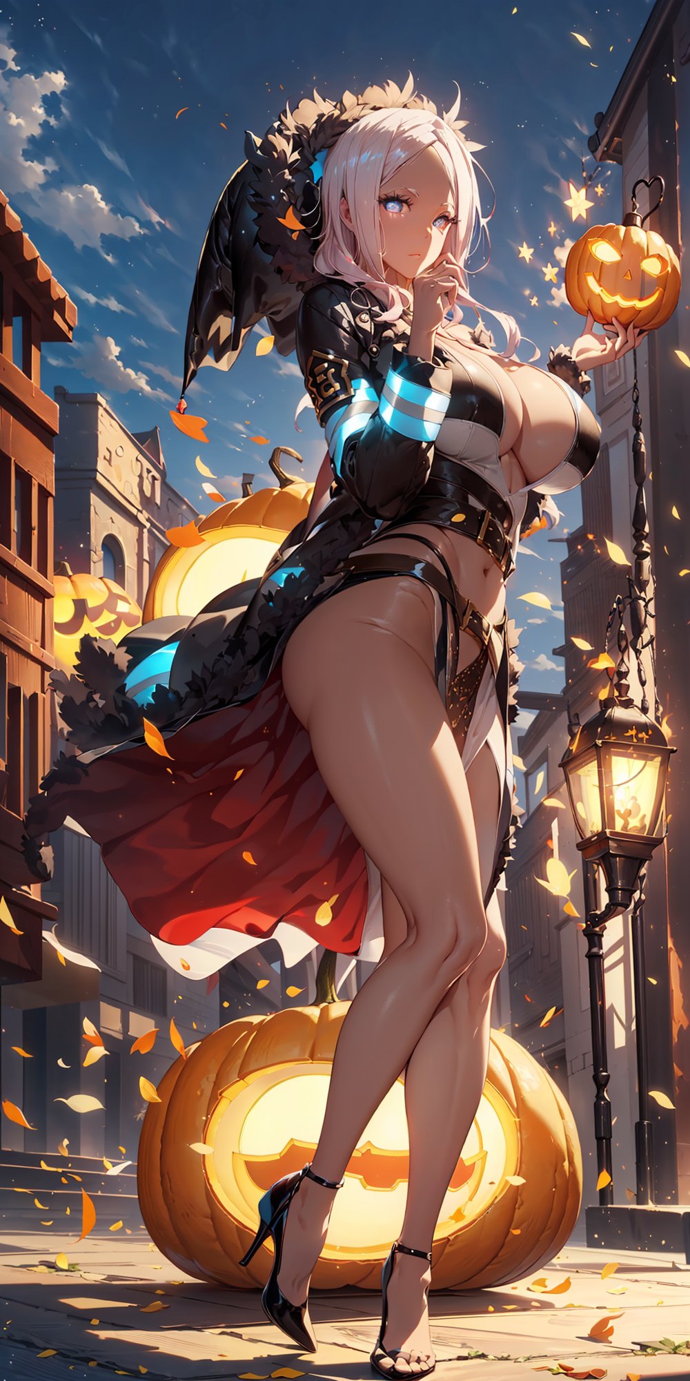 solo,a witch,mask,Standing on a giant  jack-o'-lantern,swirling magic around her body, full body, cinematic lighting, very detailed, vibrant, 8k, best quality, ultra sharp focus, glowing, sparkles, artwork by granblue fantasy, artgerm, amazing background, hibana fire force