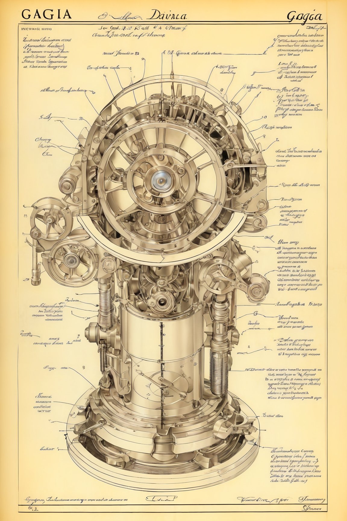 Leonardo DaVinci's art style on the theme of Gaggia Orione Motorcycle Specs and parts on the style of Technical drawing and isometric views, golden ratio,6000,Magical Fantasy style