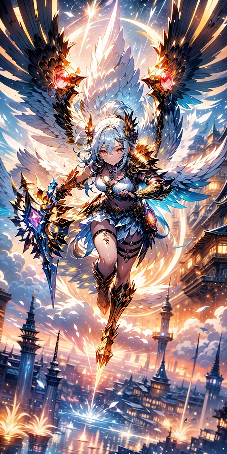 High Detail, High Resolution, 32k, Raw,  a very beautiful Valkyrie flying in Valhalla sky, wearing valkyrie battle suit enggraved with black and gold color, ragnarok, shiny skin, vivid well lit colors,dual wielding