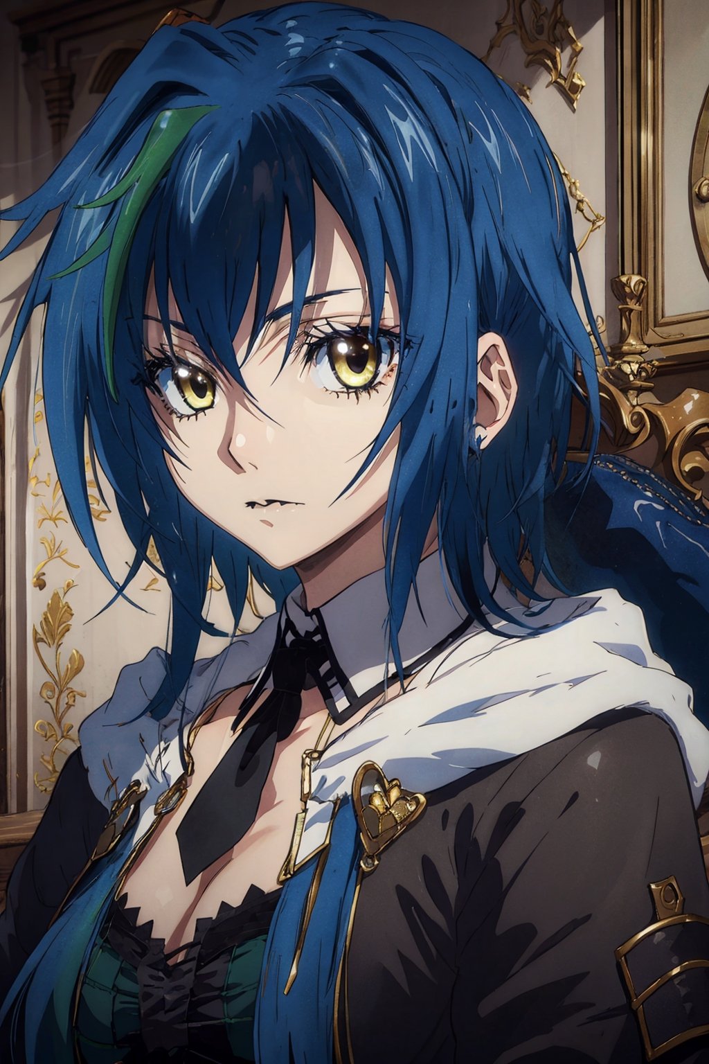 masterpiece, best quality, blue hair, collar, hand towards viewer,goth girl, makeup, black lips,xenovia quarta