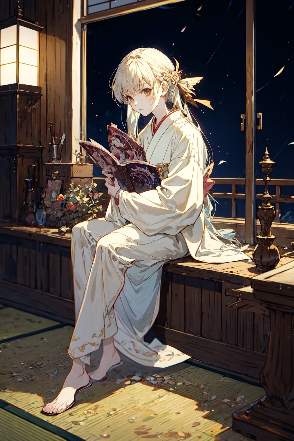 Very detailed illustration of Chii from chobits, sitting in a japanese room, white pajama, brown eyes, innocent looking, full body zoomed, detailed japanese room environment, cartoon, CLAMP Studio merged with league of legends, art by MSchiffer, fantasy, cartoonish vector, anime, manga, tetradic colors, (cel-shaded) flat coloring, night