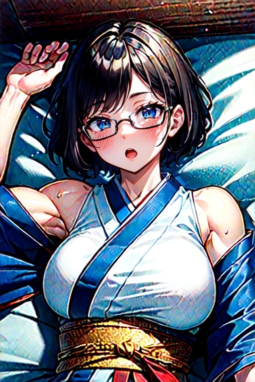 (masterpiece, top quality, best quality, beautiful and aesthetic:1.2), (1girl:1.3), original,, hazel hair, short hair, crossed bangs, blue eyes, muscular female, japanese clothes, glasses, large breasts, light smile, tinted glasses, upper body, disneyland, light, lying, on back, :o
