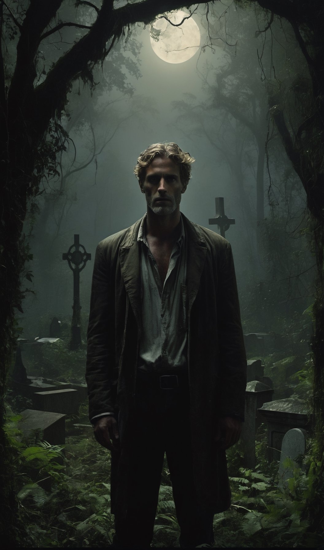 In this hauntingly cinematic and professionally composed photograph, we zoom in on the face of a handsome man standing amidst the eerie tranquility of a cemetery located deep in the heart of an overgrown jungle. The man is playing a guitar. The image is enveloped in a somber and melancholic atmosphere, in which darkness predominates, casting long shadows and adding an air of deep sadness.
The man, dressed in a dull, worn-out outfit, occupies the foreground of the frame. His strong jaw and chiseled features are highlighted by the soft, diffuse moonlight that filters through the dense canopy that covers him. His deep, melancholic eyes, framed by long eyelashes, look directly at the viewer. They are windows to his soul, revealing a feeling of deep contemplation and pain.
His skin, kissed by the pale moonlight, has an ethereal quality that accentuates his striking appearance. There is a rugged beauty to his face, but it is tinged with an undeniable sense of sadness. A few strands of disheveled hair fall over his wrinkled forehead, adding authenticity to the moment.
The backdrop is a tapestry of darkness, with hints of moss-covered tombstones and gnarled trees just visible on the periphery. The dense foliage of the jungle surrounds the cemetery, creating a cocoon of solitude in which the man's emotions are laid bare.
This close-up captures the raw intensity of the man's emotions and adds a layer of intimacy to the narrative. It invites viewers to explore the depths of his soul as he grapples with the profound mysteries of life, death, and the haunting beauty of the jungle graveyard.