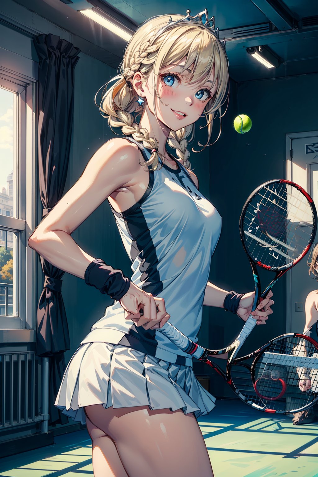 (masterpiece background:1.5),  (sense of deps),  (absurdres),  (4k),  (best quality),  (ultra detailed),  (highres),  (illustration:1.4),  ,  (detailed hair:1.3),  (detailed skin:1.3),  (indoor:1.5),  (:1.3), tennis court in background,  ,  BREAK,  (),  (, 14yo, cute:1.3, princess),  (blonde hair,  medium hair,  french_braid, beautiful detailed hair,  )(She wears star earrings),  (tiara on head),  (beautiful detailed eyes,  blue eyes),  (hanging breasts:0.3),  BREAK,  ( cowboy shot),  breasts focus, ,smile:1.3  ,  blush:1.2,  (blush and look down to the right),  BREAK,  (Hold one tennis racket in each hand and bend forward :1.4) , (tennis:1.3), autumn_leaves:1.3, (:1.3),gym,sports_uniform,playing_tennis, 