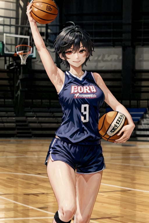 1girl, solo, (tomboy:1.2), running, holding ball,black hair, (very short hair, long sidelocks:1.2),red eyes, looking at viewer,smile, closed mouth,basketball uniform, shorts, shirt, sleeveless,large breasts,outdoors, basketball court, court, Tomboy-3000-12repeats:1, Cham22:1,volley_uniform