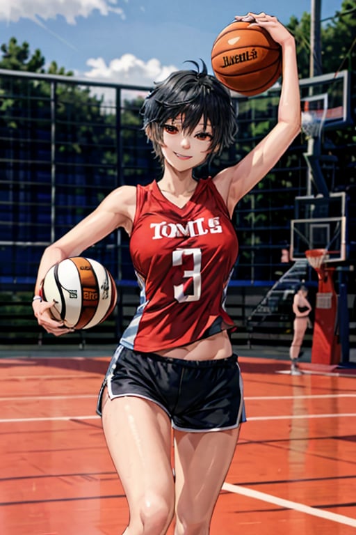 1girl, solo, (tomboy:1.2), running, holding ball,black hair, (very short hair, long sidelocks:1.2),red eyes, looking at viewer,smile, closed mouth,basketball uniform, shorts, shirt, sleeveless,large breasts,outdoors, basketball court, court, Tomboy-3000-12repeats:1, Cham22:1,volley_uniform,1 girl,SAM YANG,YakuzaTattoo