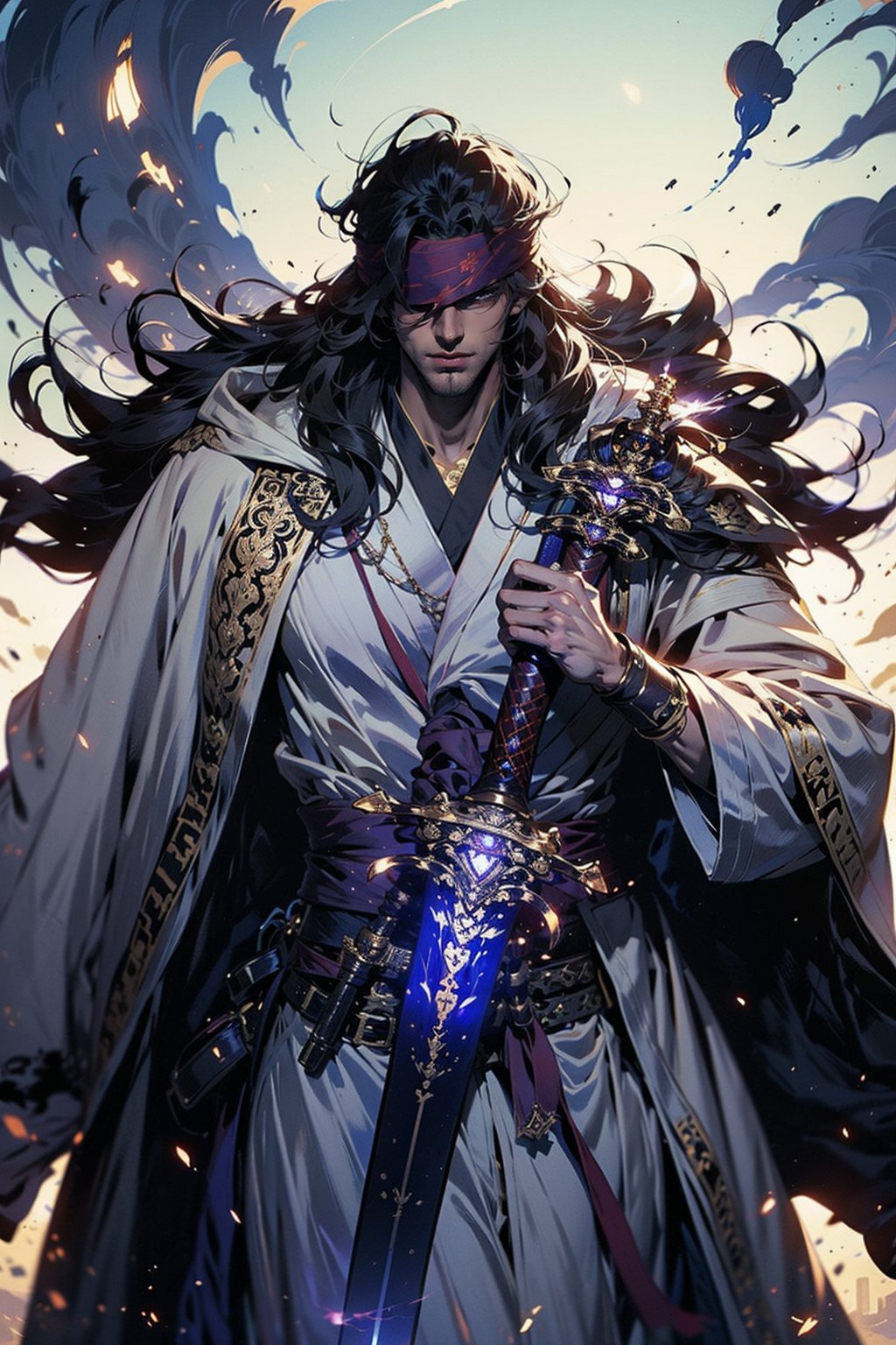 EpicGhost, (Anime style, Guvez style, long hair white robe, holding a sword, flowing white robe, blindfolded, Yang J, Zhiding, handsome art painting, beautiful character painting, Shi Tao)