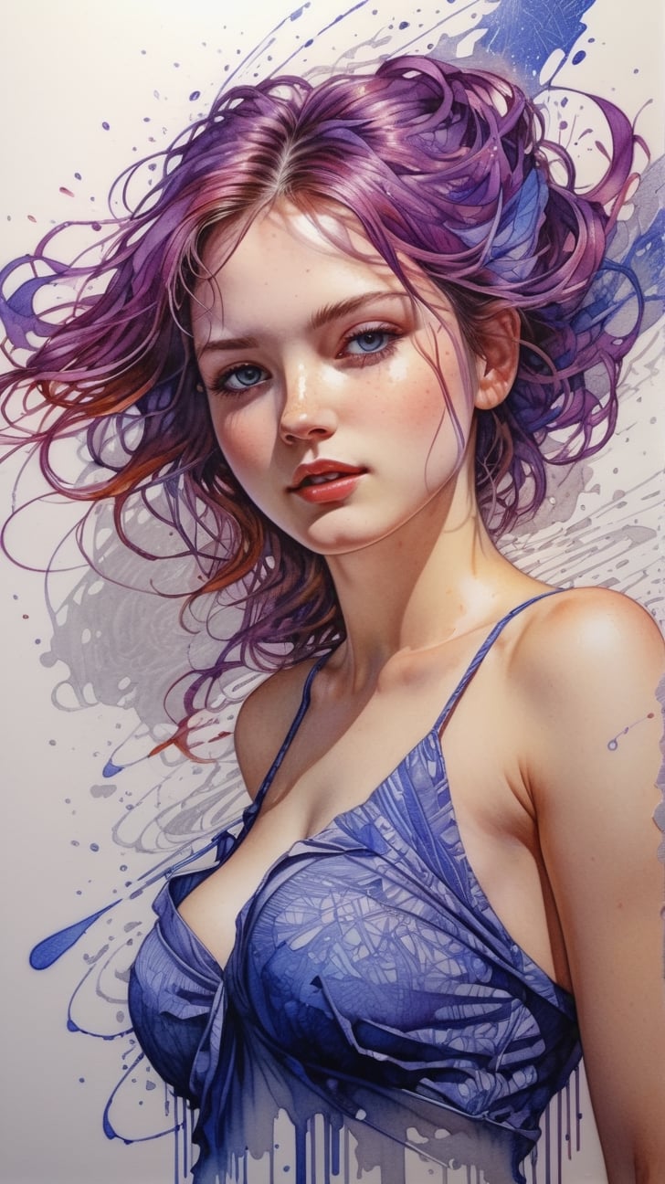 ballpoint pen drawing: beautiful woman, with a slight smile, in a provocative pose, splashing, scraping, on embossed paper, coarse paper,

dynamic background, 4k resolution, masterpiece, best quality, Photorealistic, whimsical, illustration by MSchiffer, cinematic lighting, Hyper detailed, atmospheric, vibrant, dynamic studio lighting, wlop, Glenn Brown, Carne Griffiths, Alex Ross, artgerm and james jean, spotlight, fantasy, surreal