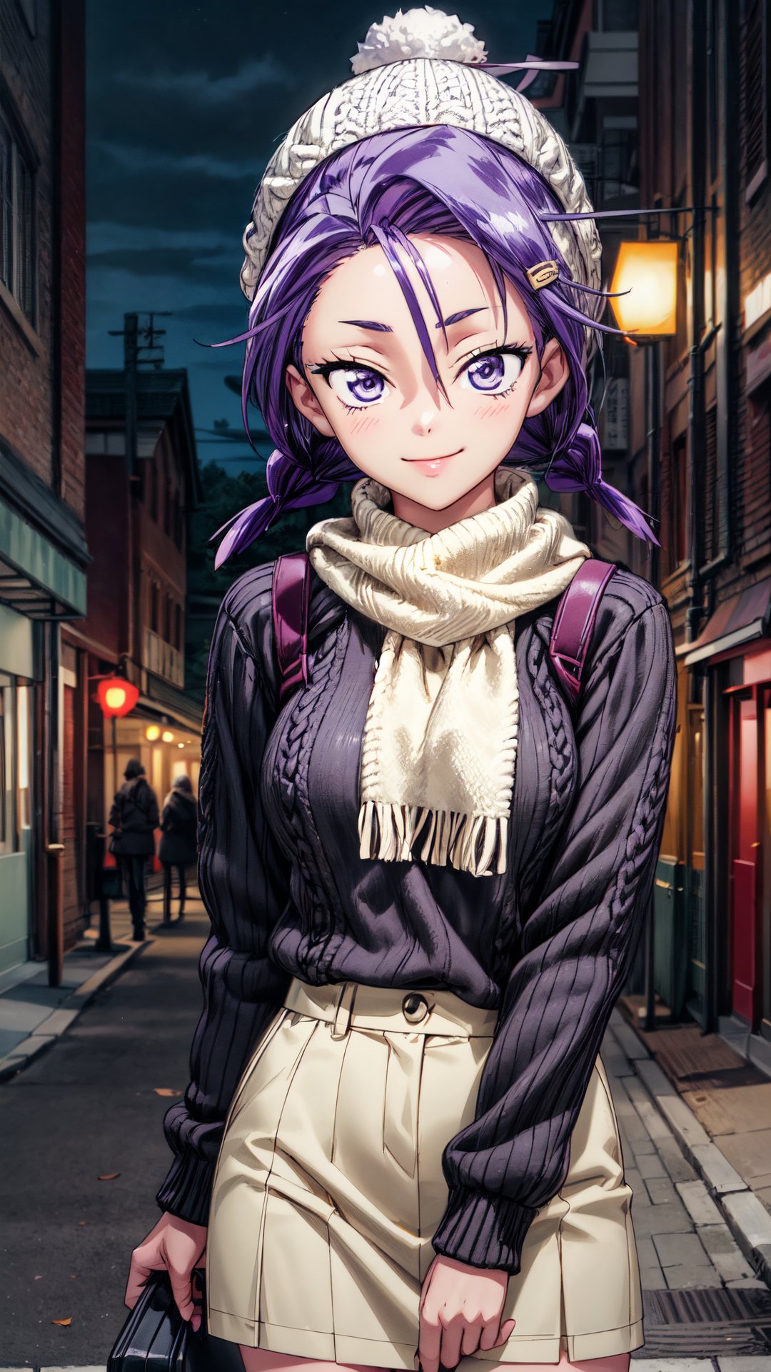 Beautiful realistic anime girl 18 years old, light smile, 8k masterpiece, ultra-realistic, UHD, highly detailed, best quality, natural breasts, beautiful body, light smile, Unreal Engine 5, beautiful light, cute girl, in warm clothes, knitted hat, scarf, long purple hair, purple eyes, night, street, lantern, lantern light, it's dark, park, bench, autumn, 1 girl, kominami asumi