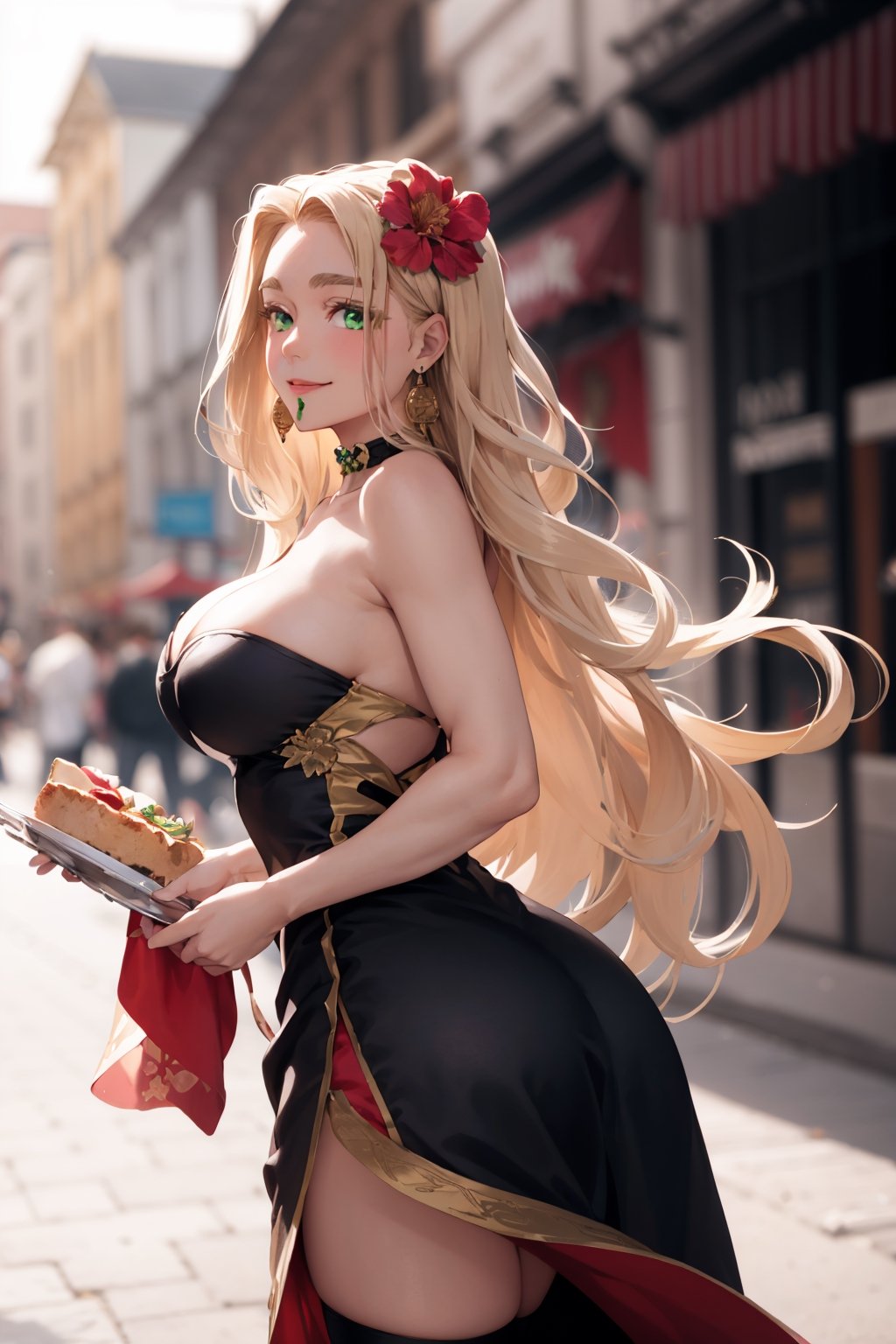 1girl, solo, long hair, looking at viewer, smile, green eyes, blonde hair, large breasts, hair ornament, thighhighs, dress, holding, cleavage, bare shoulders, jewelry, ass, flower, earrings, food, black thighhighs, hair flower, black dress, strapless, muscular, rose, side slit, muscular female, curvy, quetzalcoatl (fate grand order)
,aodai