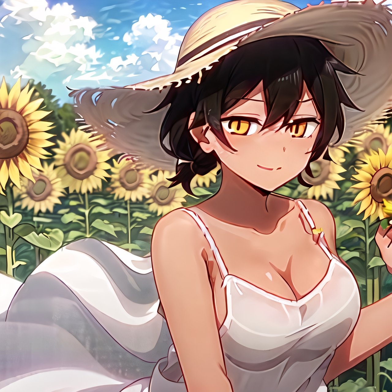 1girl, jingliu \(honkai: star rail\), (white dress, sundress, chemise:1.6), silver hair, floating hair, adjusting hair,  sunflower, outdoor, wind turbine, happy, sun hat, depth of field,Kurobe Natsumi