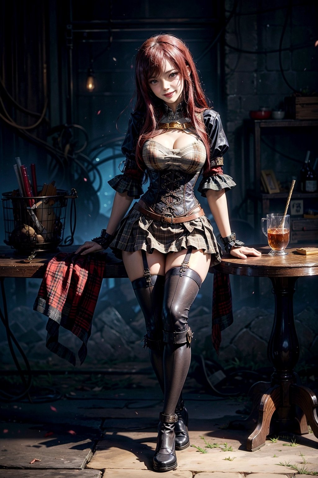 
masterpiece, high resolution, best quality, 1 girl alone, full body, schoolgirl steampunk uniform with red tartan miniskirt and a leather corset with a strong Steampunk design, smile, Japanese old town, Komorebi, erza scarlet,fairy tail