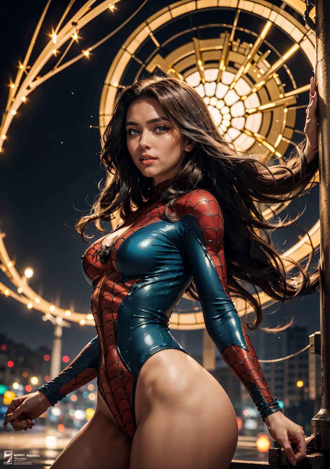(best quality, masterpiece, colorful, dynamic angle, highest detailed) upper body photo, fashion photography of cute, intense long white hair, \Felicia Hardy\ in spiderman suit, (ultrahigh resolution textures), in dynamic pose, bokeh, glowing web, (intricate details, hyperdetailed:1.15), detailed, moonlight passing through hair, perfect night, colorful poster art flat background, (official art, extreme detailed, highest detailed), HDR, quetzacoatl fate grand order