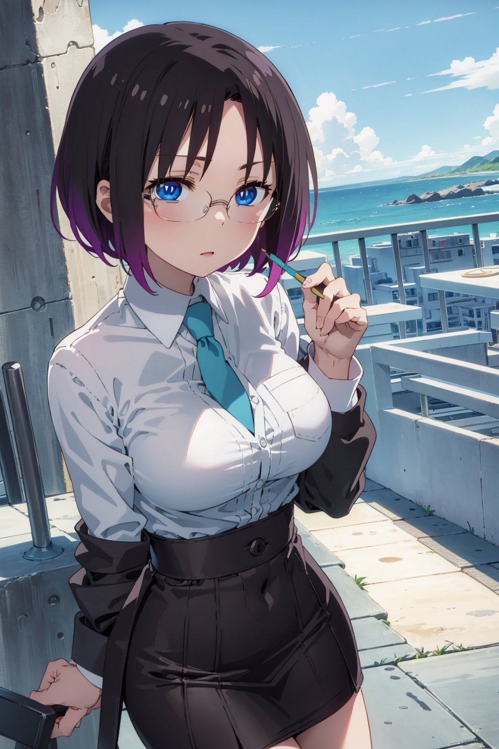 dragonelma, elmatest:1, elma, black hair, blue eyes, glasses, multicolored hair, short hair, slit pupils, rimless eyewear,BREAK collared shirt, long sleeves, necktie, office lady, pencil skirt, shirt, skirt, wing collar,BREAK looking at viewer,BREAK outdoors, office,BREAK GoodHands-vanilla:1, (masterpiece:1.2), best quality, high resolution, unity 8k wallpaper, (illustration:0.8), (beautiful detailed eyes:1.6), extremely detailed face, perfect lighting, extremely detailed CG, (perfect hands, perfect anatomy),