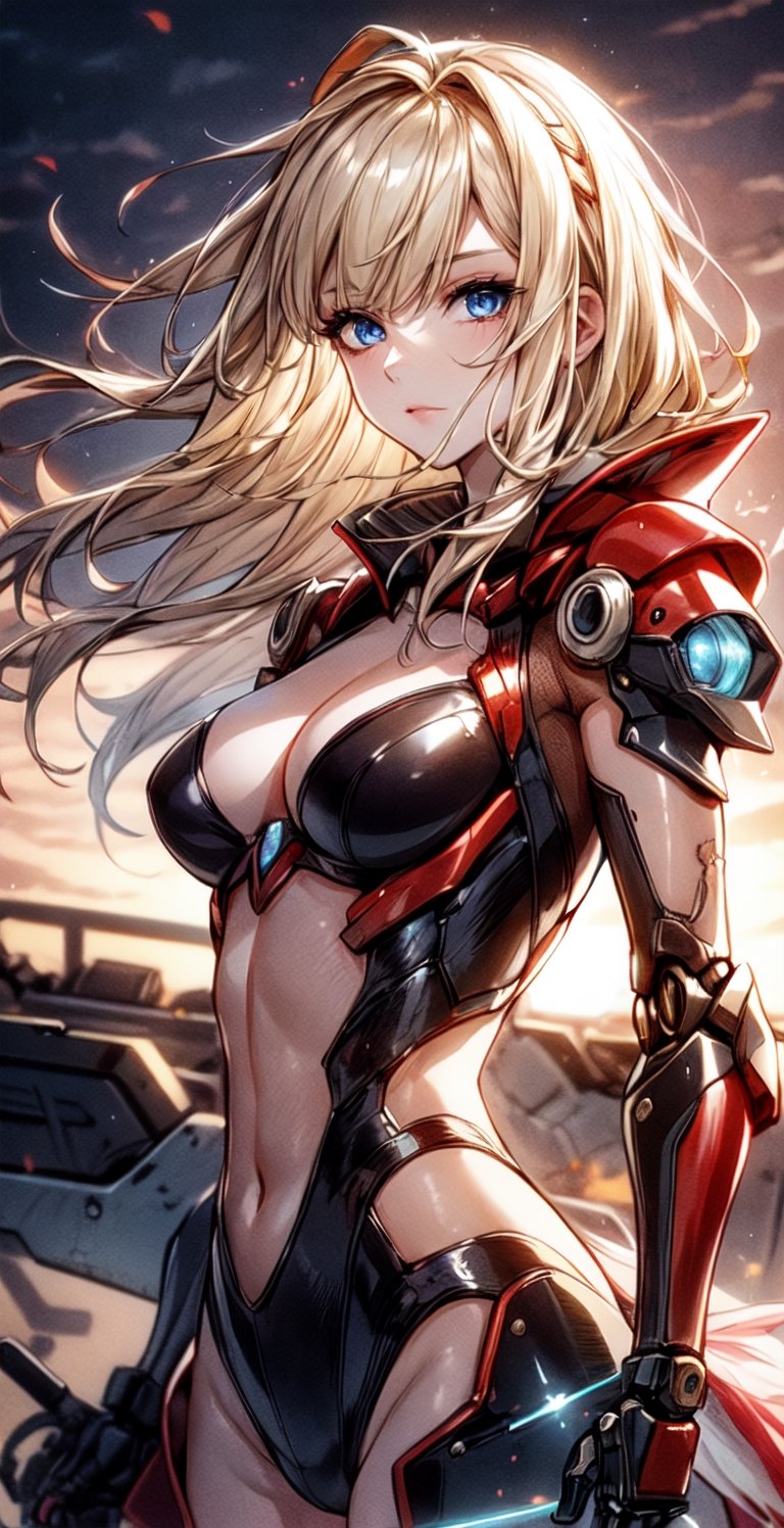 high resolution, a photo of a girl flying around in an erotic futuristic mechanical red suit, futuristic ruined city in the background, sunset light in the distance, The general atmosphere is mildly sad but peaceful, transparent bodystocking, mecha, full_body, detailed anatomy, detailed face, extra detailed short blonde hair, detailed blue eyes, 1 girl, imponent aura, perfecteyes,1 girl,fate/stay background