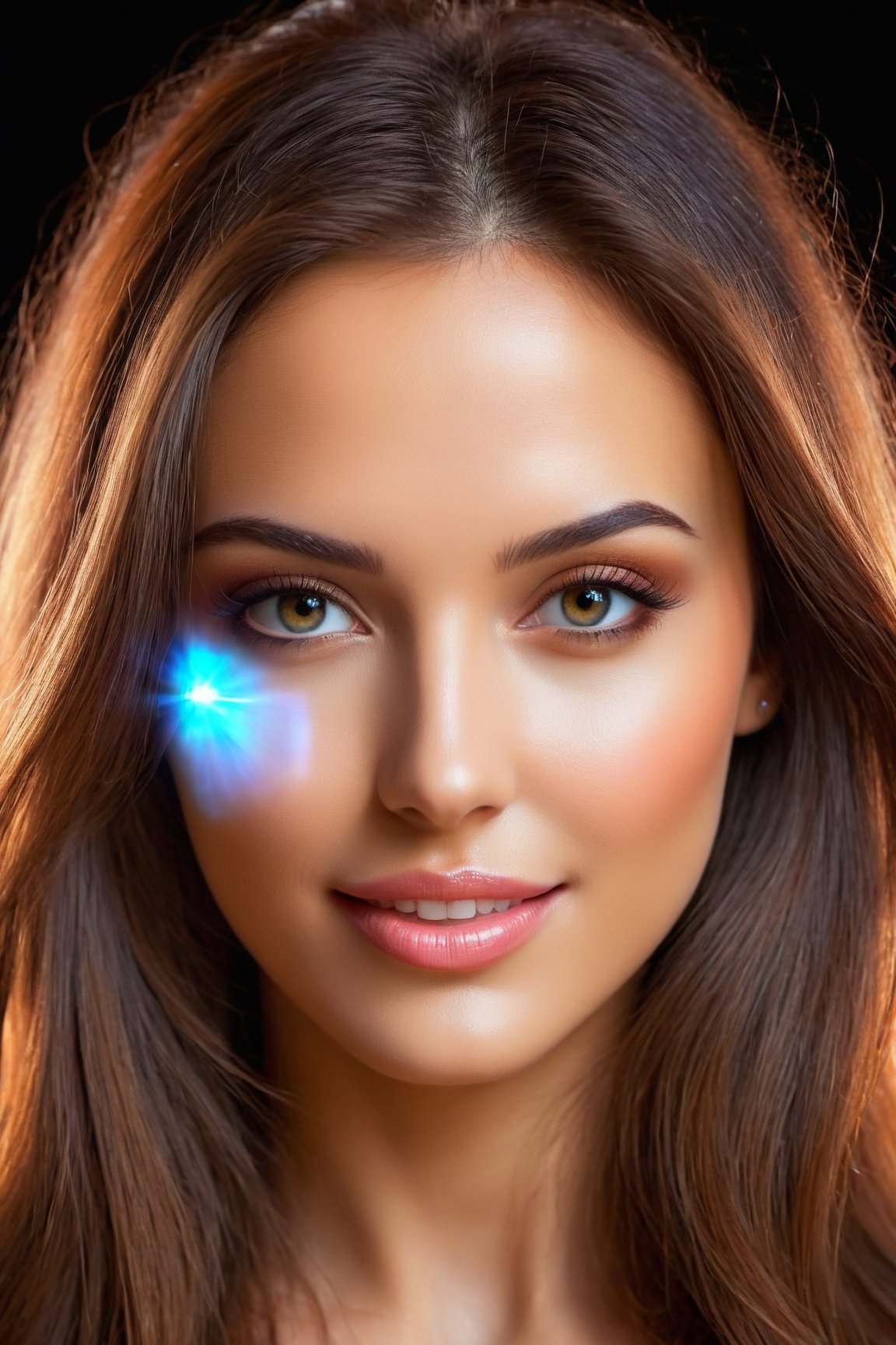 Young beautiful woman, long hair, elegant, too beautiful, looks shapely, face round, a (hologram:1.8 ) of a woman's model face on a black background, by Eugeniusz Zak, Shutterstock, metaphysical , fractal fire, spiritual evolution, hologram, metaphysical, ruddy skin, beautiful, full lips, a minuscule amount of clothing, smiling, feeling of lightness and joy, hyperrealism, skin very elaborated, direct gaze