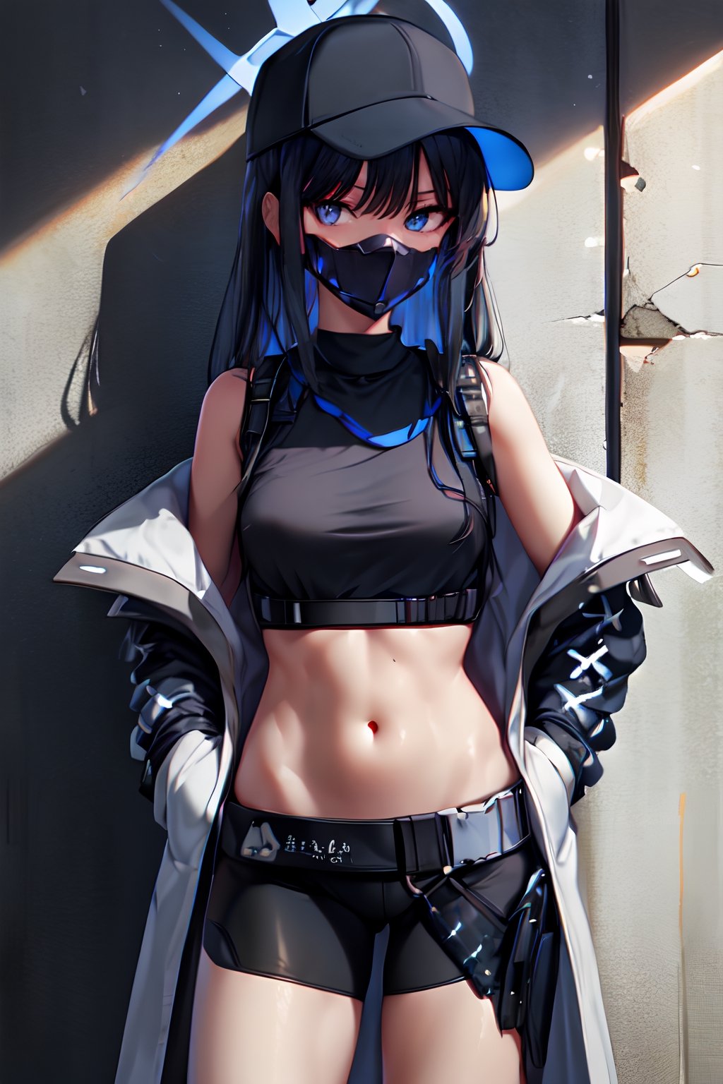 (masterpiece, best quality:1.2), , cowboy shot, solo, 1girl, saori \(blue archive\), mouth mask, looking at viewer, hands in pockets, long hair, black hair, baseball cap, halo, blue eyes, open clothes, off shoulder, coat, crop top, chest harness, black pants, thigh holster, snap-fit buckle