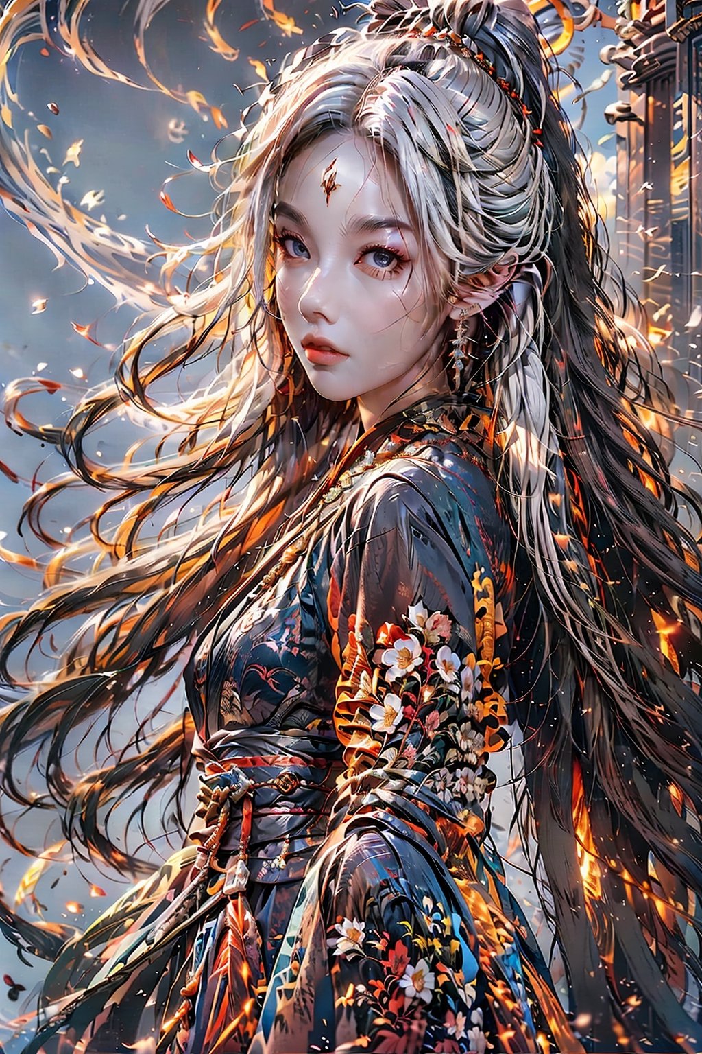 photorealistic, high resolution, soft light,1women, solo, hips up, shining skin, (detailed face), jewelry, white hair, wavy hair, dynamic pose, (chinese talisman on forehead:1.2), JINKUNGFU,huoshen
