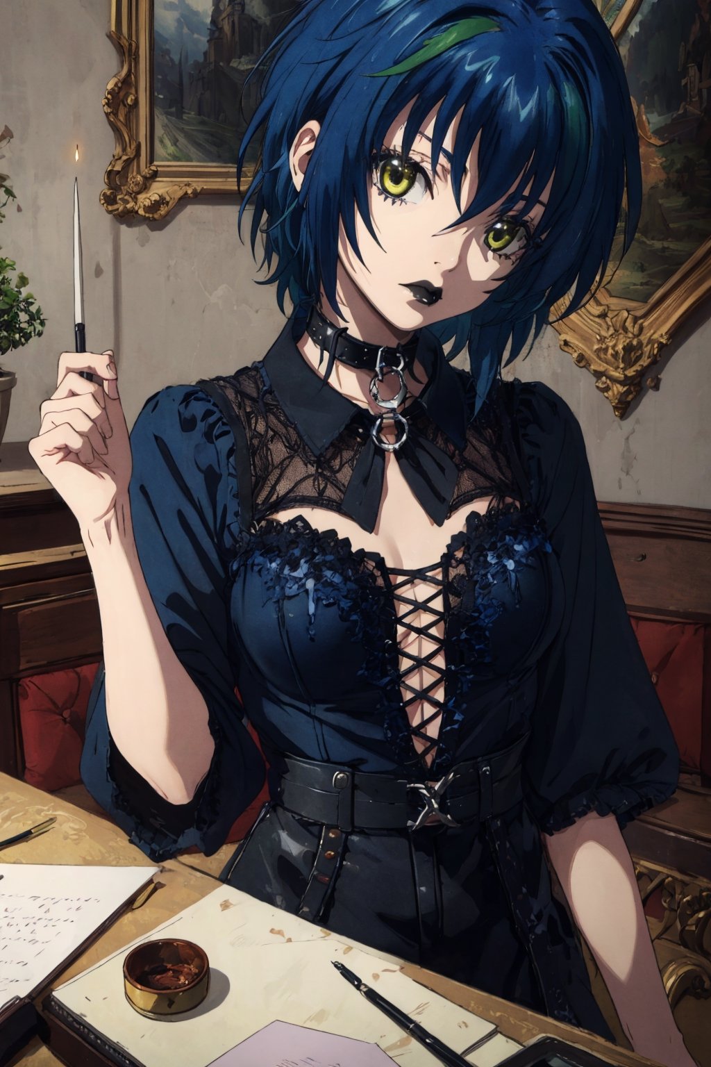 masterpiece, best quality, gothic, blue hair, collar, hand towards viewer,goth girl, makeup, black lips,xenovia quarta