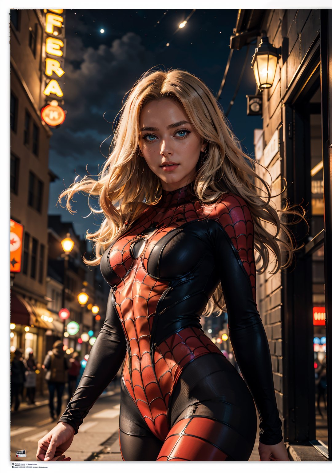 (best quality, masterpiece, colorful, dynamic angle, highest detailed) upper body photo, fashion photography of cute, intense long white hair, \Felicia Hardy\ in spiderman suit, (ultrahigh resolution textures), in dynamic pose, bokeh, glowing web, (intricate details, hyperdetailed:1.15), detailed, moonlight passing through hair, perfect night, colorful poster art flat background, (official art, extreme detailed, highest detailed), HDR
