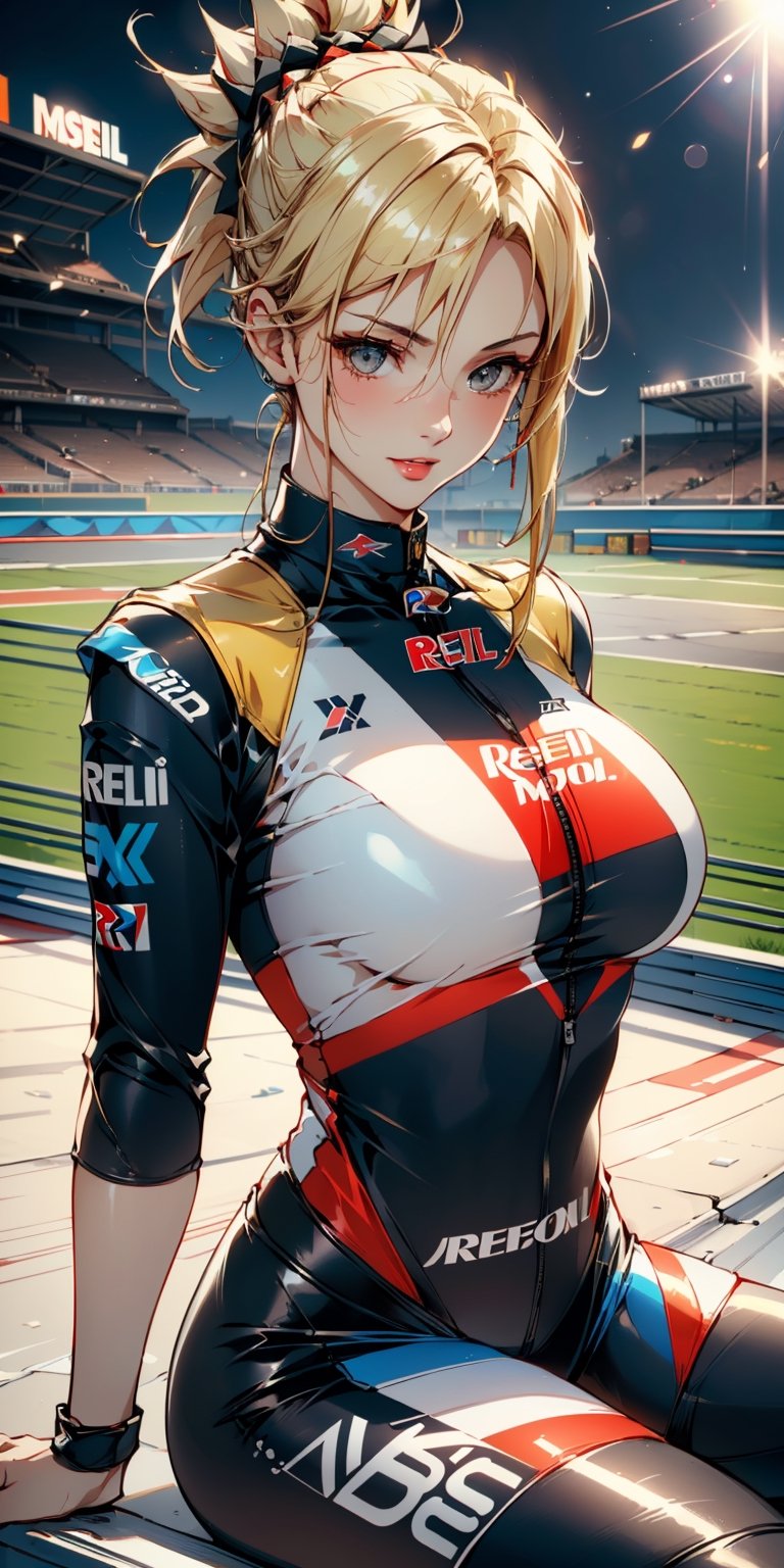 A very sexy and beautiful Japan pictures of woman, (round Girl:1.5), professional attire, (18 years old: 1.1), portrait of a girl with a bright smile, upper body image, When viewed from the back, the composition is symmetrical, (looking horizon:1.3), (motogp stadium:1.3), (sitting on motogp motorcycle:1.3), (((racing motogp background:1.5))), 
break, (shiny-blonde thin hair: 1.2), (saber fgo ponytail:1.3), dark brown eyes, beautiful eyes, princess eyes, ((blonde hair:1.3)), single hair, bangs, Hair between eyes, Long hair, slender:1.15, (big breast;1.15), (thin waist: 1.35), (detailed beautiful girl: 1.4), Parted lips, Red lips, (shiny skin), ((Perfect Female Body)), (Upper Body Image:1.3), Frame the Head, Perfect Anatomy, Perfect Proportions, 8.5 Life-Size, Face Focus, 
BREAK, 
(bare shoulder, Chest no bra, View viewer, (matte-pad dock red and white repsol bodysuit:1.3), high-leg-cut bodysuit:1.3, high-neck-zip-up bodysuit:1.3, detailed clothes,   
BREAK, 
(detailed motogp stadium background:1.2), (weather lighting: 1.3), (Cinematic lights: 1.3), (backlight: 1.3), dim lighting, lighting that covers the whole body,
BREAK, 
(Realistic, Photorealistic: 1.37), (Masterpiece, Best Quality: 1.2), (Ultra High Resolution: 1.2), (RAW Photo: 1.2), (Sharp Focus: 1.3), (Face Focus: 1.2), (Ultra Detailed CG Unified 8k Wallpaper: 1.2), (Beautiful Skin: 1.2), (pale Skin: 1.3), (Hyper Sharp Focus: 1.5), (Ultra Sharp Focus: 1.5), ( Beautiful pretty face: 1.3), (super detailed background, detail background: 1.3), Ultra Realistic Photo, Hyper Sharp Image, Hyper Detail Image, nurse,futureaodai,phSaber,1 girl, mordred pendragon fate grand order