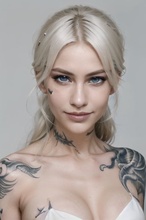 1girls, bodytattoo, longhair, tattoo, realstic, eye smile, model pose, dragon tattoo, bikini, russia,  white hair,perfect,photo of perfecteyes eyes,Detailedface