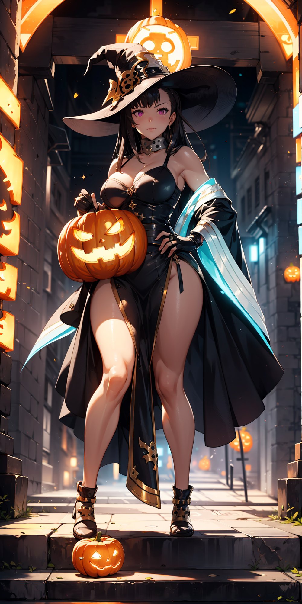 solo,a witch,mask,Standing on a giant  jack-o'-lantern,swirling magic around her body, full body, cinematic lighting, very detailed, vibrant, 8k, best quality, ultra sharp focus, glowing, sparkles, artwork by granblue fantasy, artgerm, amazing background, maki oze