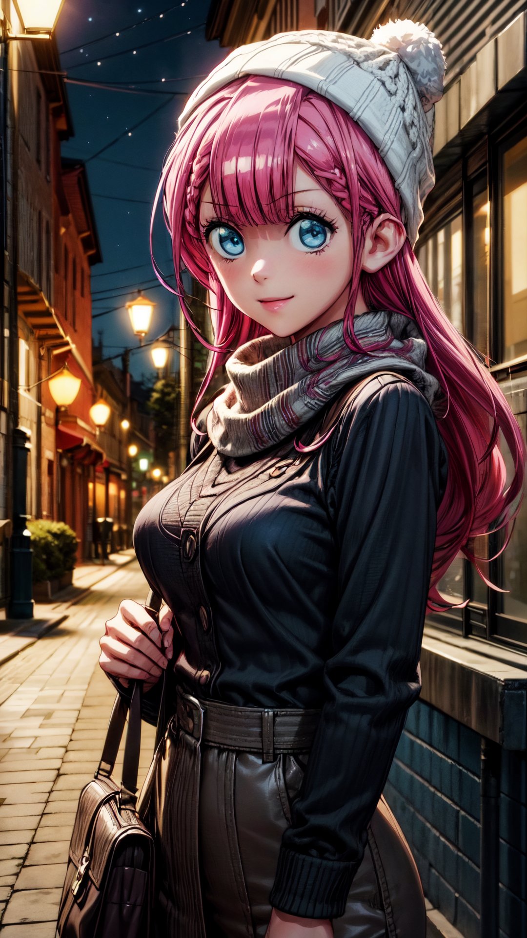 Beautiful realistic anime girl 18 years old, light smile, 8k masterpiece, ultra-realistic, UHD, highly detailed, best quality, natural breasts, beautiful body, light smile, Unreal Engine 5, beautiful light, cute girl, in warm clothes, knitted hat, scarf, long pink hair, blue eyes, night, street, lantern, lantern light, it's dark, park, bench, autumn, 1 girl, kirisu mafuyu