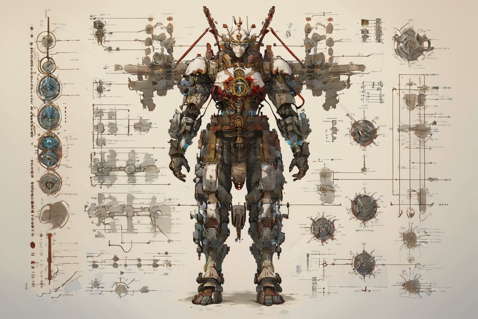 best quality, master piece, 1 mecha ,  strong, red chinese armor,   engineering map, text, sword,gun, weapon, QMDJ:0.8