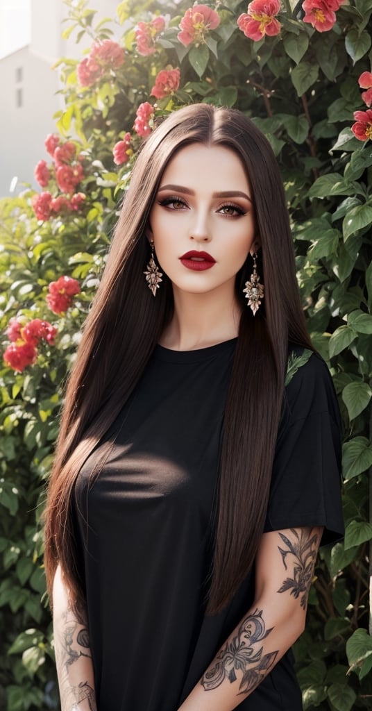 Photorealistc, high quality, Brown long straight hair, full make up, huge eyelashes, large earrings, Black t-shirt, Dark lips, outdoor, sunlight, flowers tattoo on arm