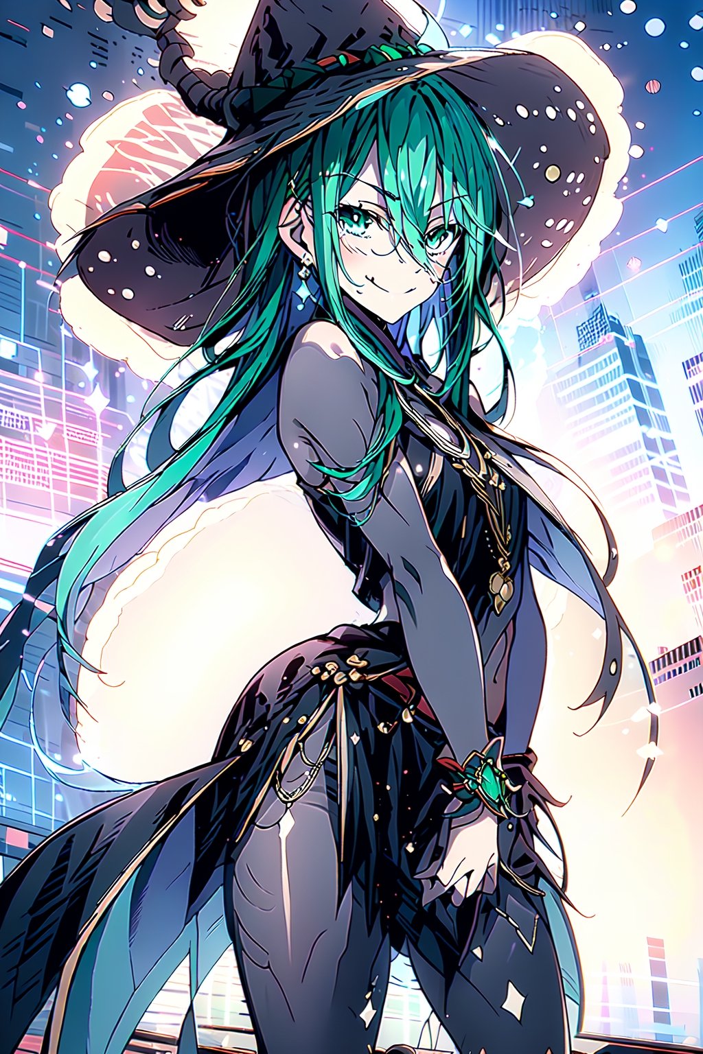 #Green HAIR, Mischievous smile, sensual pose, hunter magician, mid-journey, natsumi kyouno