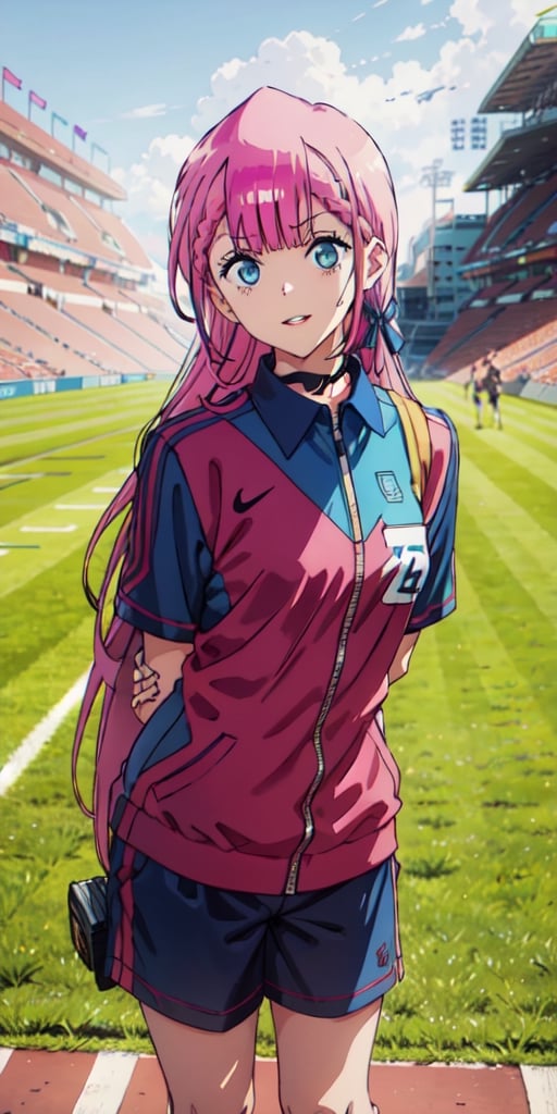 1girl,solo, looking at viewer, facing viewer, athletics background, long pink hair, parted lips, light smile, dark eyes, sporting clothes, blue ribbon on hair, hands behind back, kirisu mafuyu