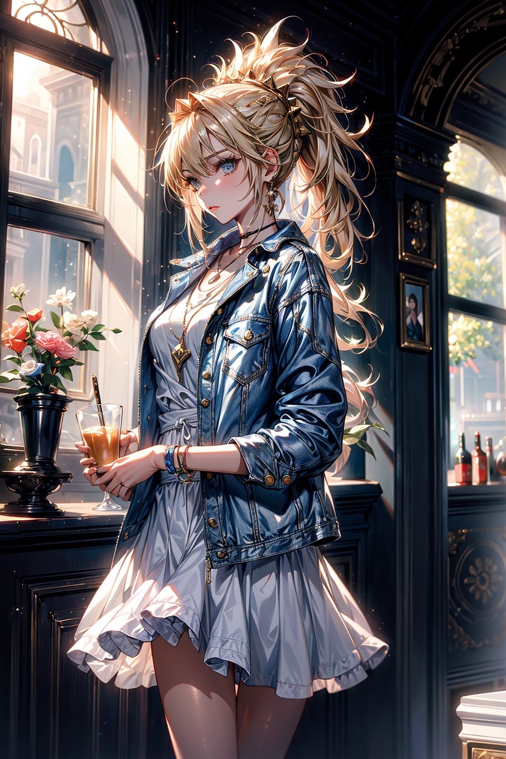 (masterpiece:1.4), (best quality:1.4), realistic, 1girl,  Mordred pendragon \(fate\) , sundress, denim jacket, ponytail,