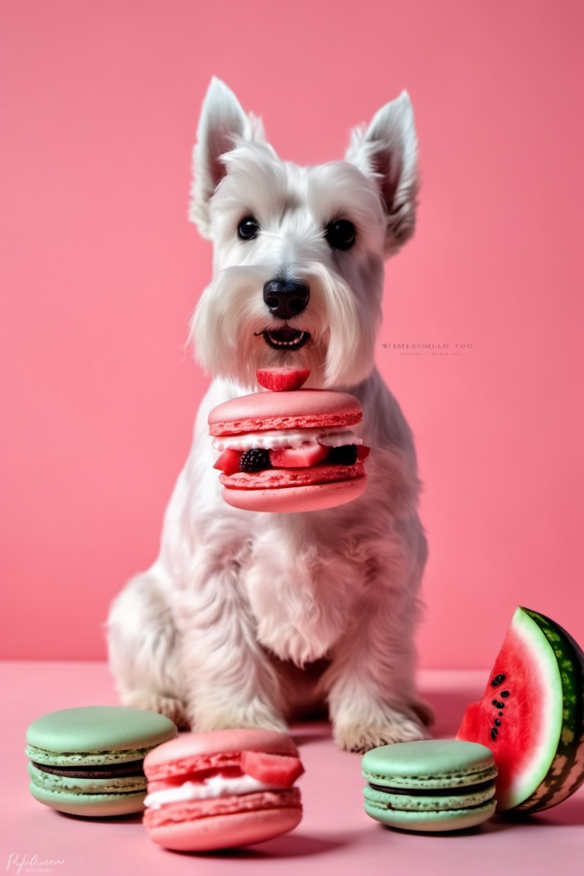 a white scottish terrier dog sitting on a light pink Coral surface, light pink Coral background, white, scottish terrier dog, white dog sitting in a surface, a handsome, scottish terrier dog, proud looking, thick, sitting down casually, full body, a couple of Watermelon design many macarons sitting on top of a table, light-toned product photos, light and moody aesthetic, ligth moody monochrome colors, Watermelon skin, Watermelon design macaron, dark themed, Watermelon color palate, Watermelon moody colors,many watermelon desserts and watermelon fruits, many macarons, macarons