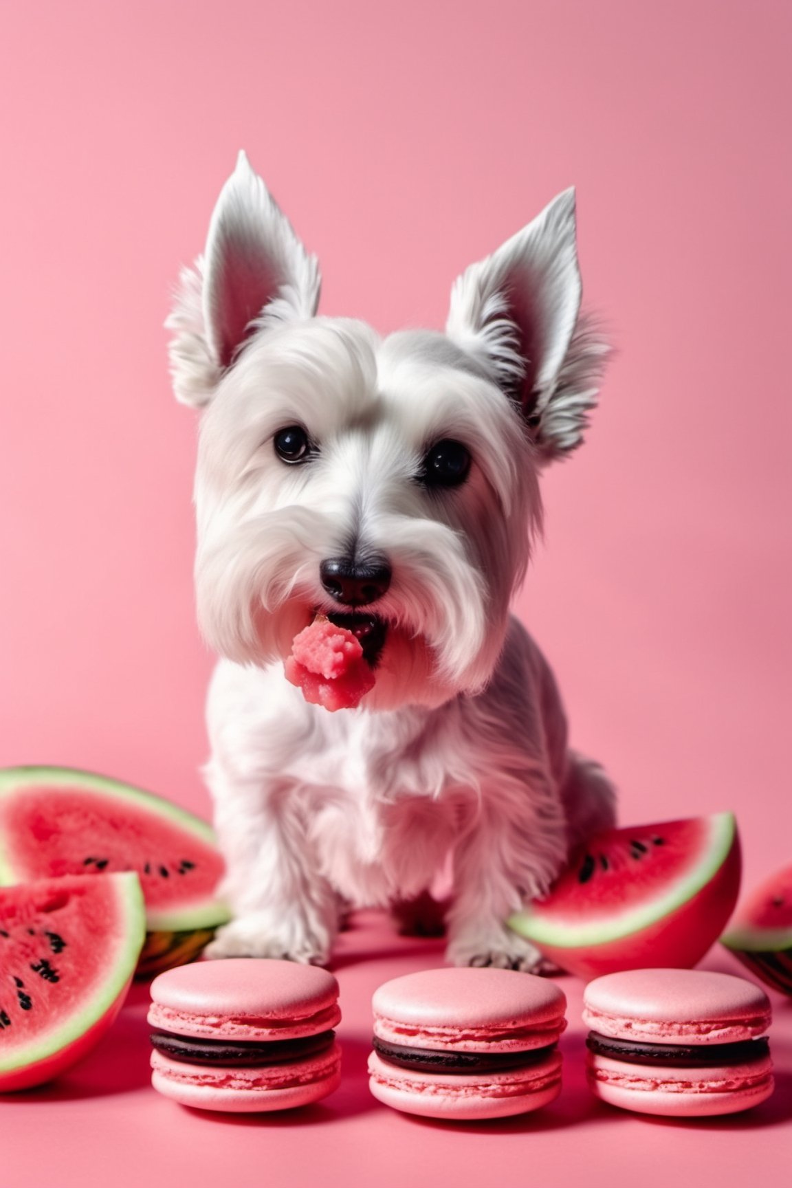 a white scottish terrier dog sitting on a light pink Coral surface, light pink Coral background, white, scottish terrier dog, white dog sitting in a surface, a handsome, scottish terrier dog, proud looking, thick, sitting down casually, full body, a couple of Watermelon design many macarons sitting on top of a table, light-toned product photos, light and moody aesthetic, ligth moody monochrome colors, Watermelon skin, Watermelon design macaron, dark themed, Watermelon color palate, Watermelon moody colors,many watermelon desserts and watermelon fruits, many macarons, macarons