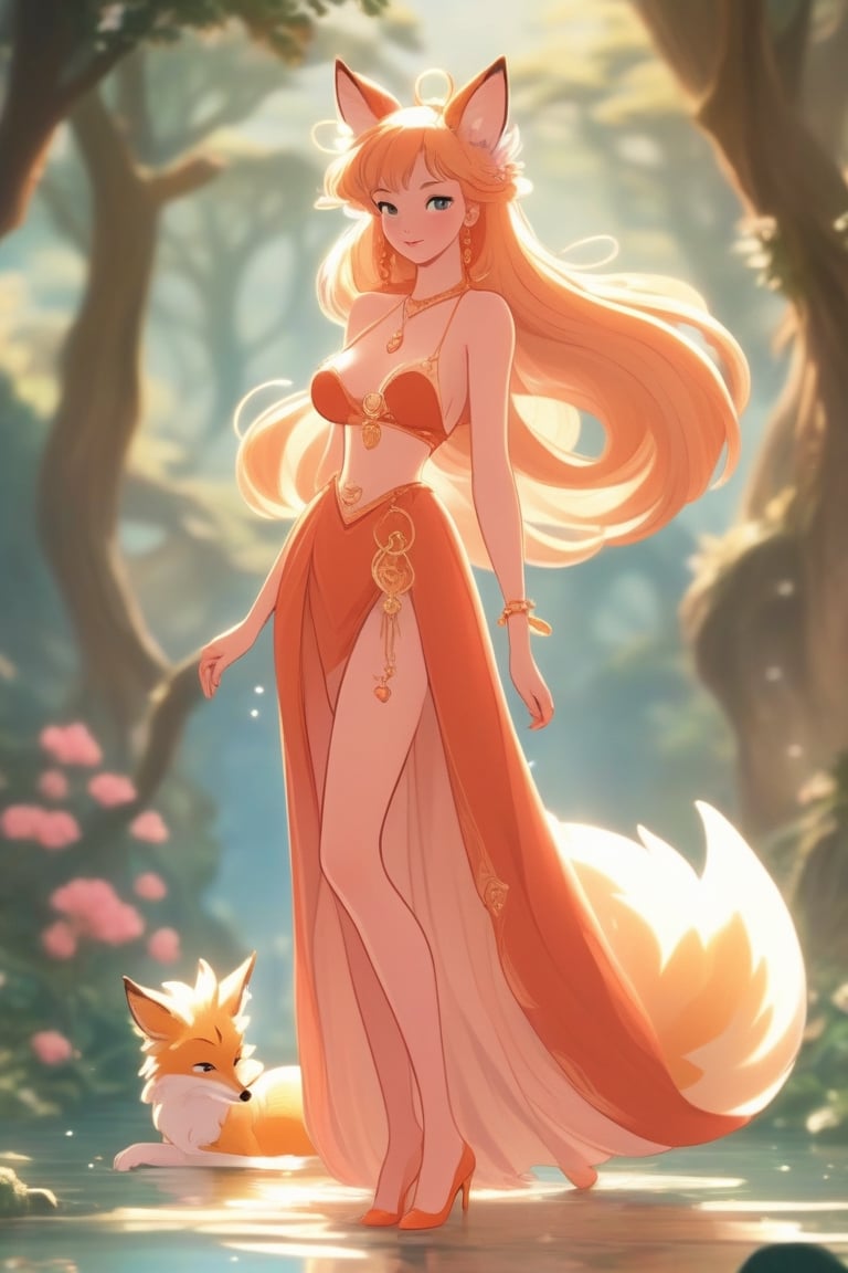 A beautiful sexy nymph full body shot in 1990 anime style by Disney, retro anime,  medieval fantasy, vintage anime, fairytale, magical, dreamy, royalty, flat colors ,Beautiful girl , sexy girl ,Flat Design,dfdd,Magical Fantasy style,2d_animated,Spirit Fox Pendant