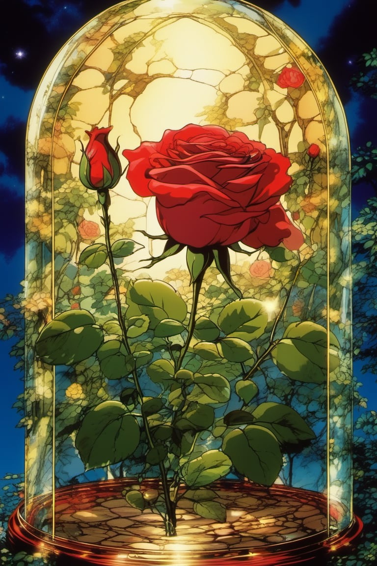 (Best quality) (masterpiece) A beautiful red rose in a glass dome scene in the 1990 anime show, 1990 anime, retro anime, fairytale, Classic fairytale, dark fairytale , ominous background 