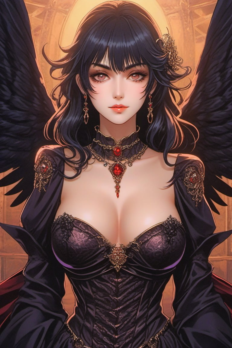 (Best quality) (masterpiece) The most beautiful vampiric dark angel portrait in 1980 anime style, dark fairy tale, black armor, royalty jewelry, retro anime, vintage anime, lineart , dark mood, sexy woman, anime still frame, gothic, cinematic, detailed, dark theme, retro  ,horror, scary ,Magical Fantasy style,Beautiful girl, Angel 