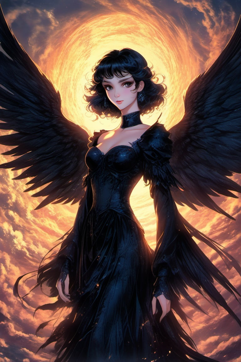 (Best quality) (masterpiece) A beautiful dark Fallen angel portrait scene in the 1990 anime show, dark fantasy, vintage anime, 1990s anime , retro anime, fairytale, Classic fairytale, dark fairytale , magical fantasy style, ominous background,pencil sketch, ,horror,2d_animated,EpicSky , beautiful girl, 