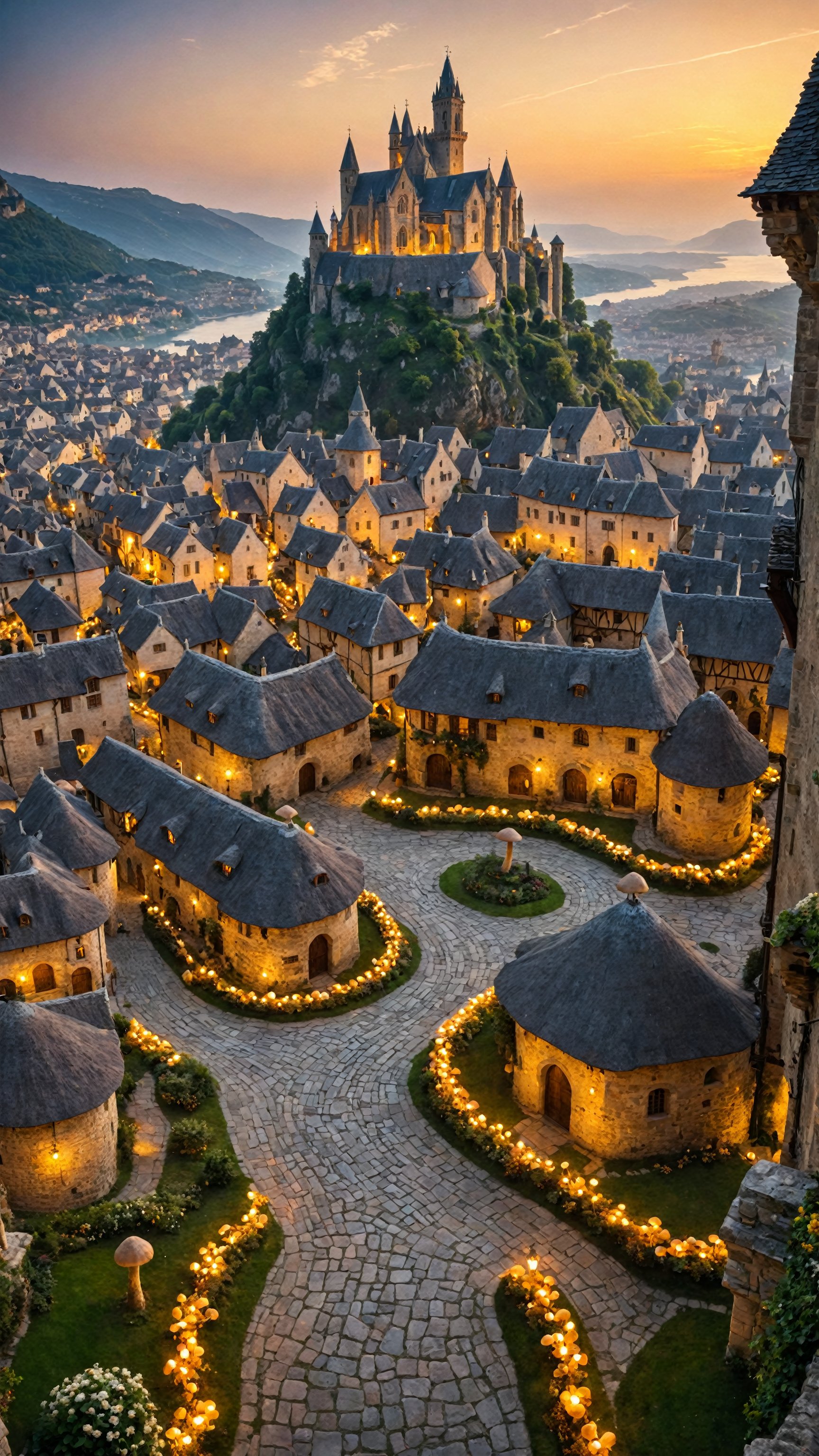 A majestic shot of a vast ancient medieval city at dusk, with towering stone structures and winding streets bathed in a warm, golden light. Amidst the architecture, a carpet of glowing mushrooms sprawls across the ground, their soft luminescence illuminating the way. Tendrils of glowing alien flowers twist around ancient statues, adding an otherworldly touch to the scene. The air is electric with magic, as if the very fabric of reality is woven with vibrant threads of fantasy.