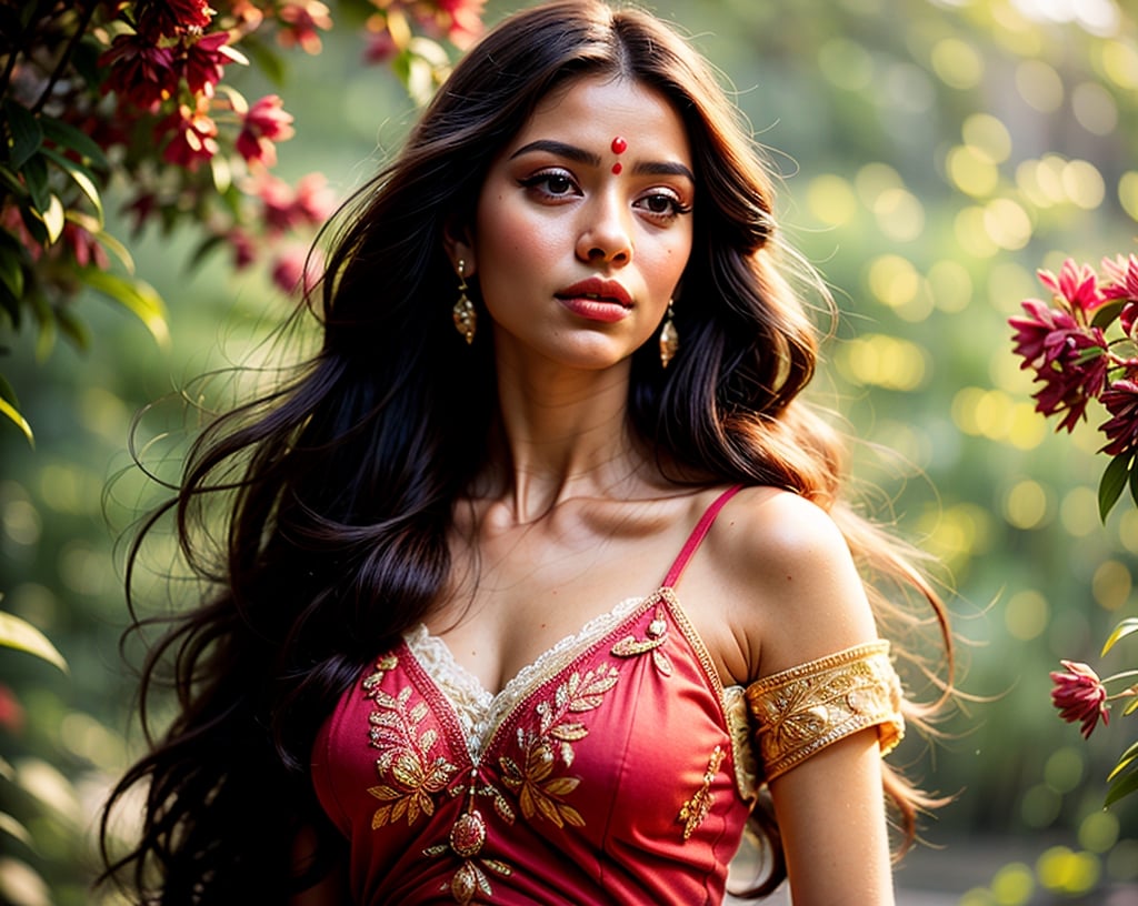 Protrait, photograph, oval jaw, delicate features, beautiful face, long bangs, long ponytail, dark brown eyes, hindu art, Indian,1 girl,Realism