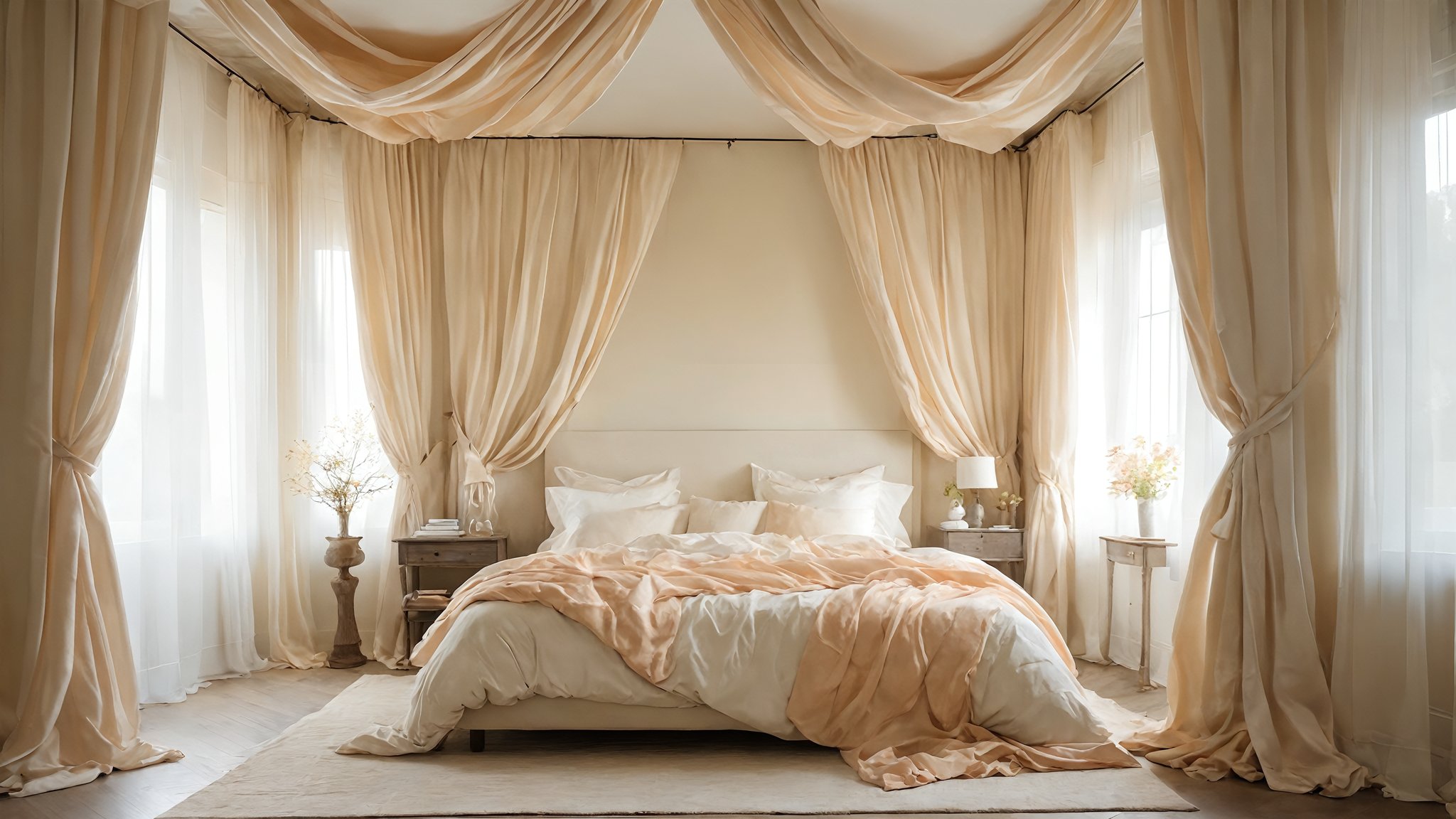 A hauntingly beautiful scene unfolds from above: a majestic tangle of rumpled sheets in cream, peach, and pastel hues dominates the massive bed, its gentle curves softened by the sheer curtains' subtle glow against brilliant white walls. Faint luminescence seeps through, casting dark shadows that dance upon the walls, infusing the space with an air of mystery.