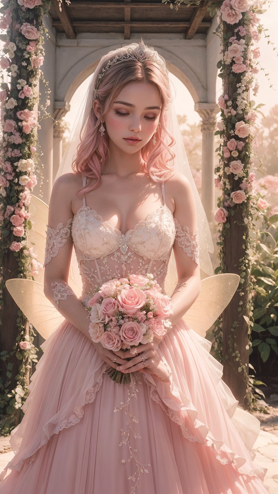 (((Stunningly Beautiful Fairy Princesss))),Story, Beautiful bride posing under a fairy tale arch of exotic magical flowers, elaborate scene style, glitter, peach pink lace, realistic style, 8k,exposure blend, medium shot, bokeh, (hdr:1.4), high contrast, (cinematic, pink and white film), (muted colors, dim colors, soothing tones:1.3), low saturation, (hyperdetailed:1.2), (noir:0.4)