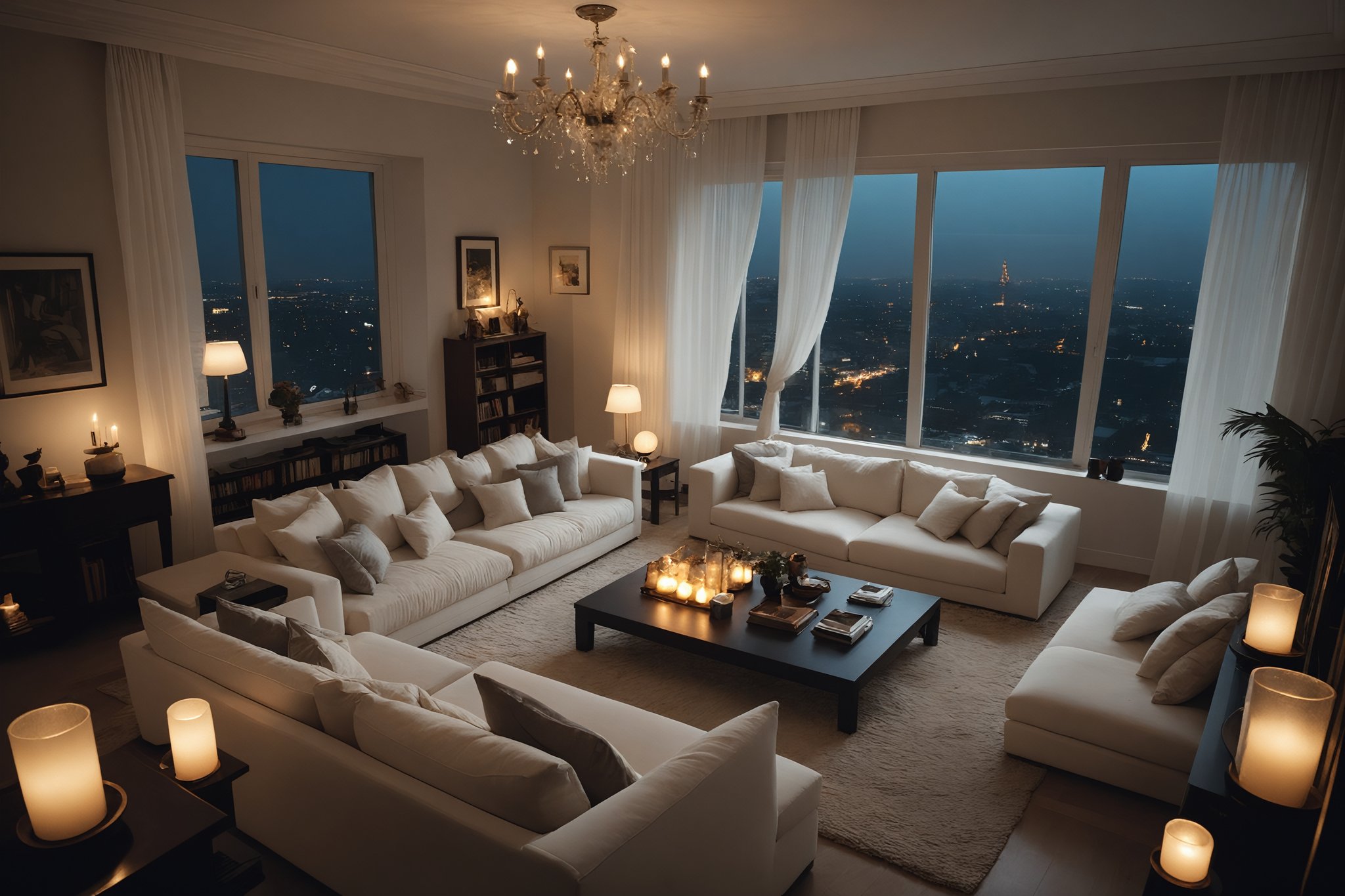 Aerial shot captures the ethereal scene: a sprawling messy lived in luxurious living room with scattered cushions in soft cream and white shades, set against crisp white walls that seem to glow from within. Sheer curtains filter faint luminescence, casting an otherworldly ambiance as dark shadows dance on the walls. The dimly lit interior is bathed in the nocturnal hues of the dark urban environment outside, where city lights twinkle like stars in the darkness.