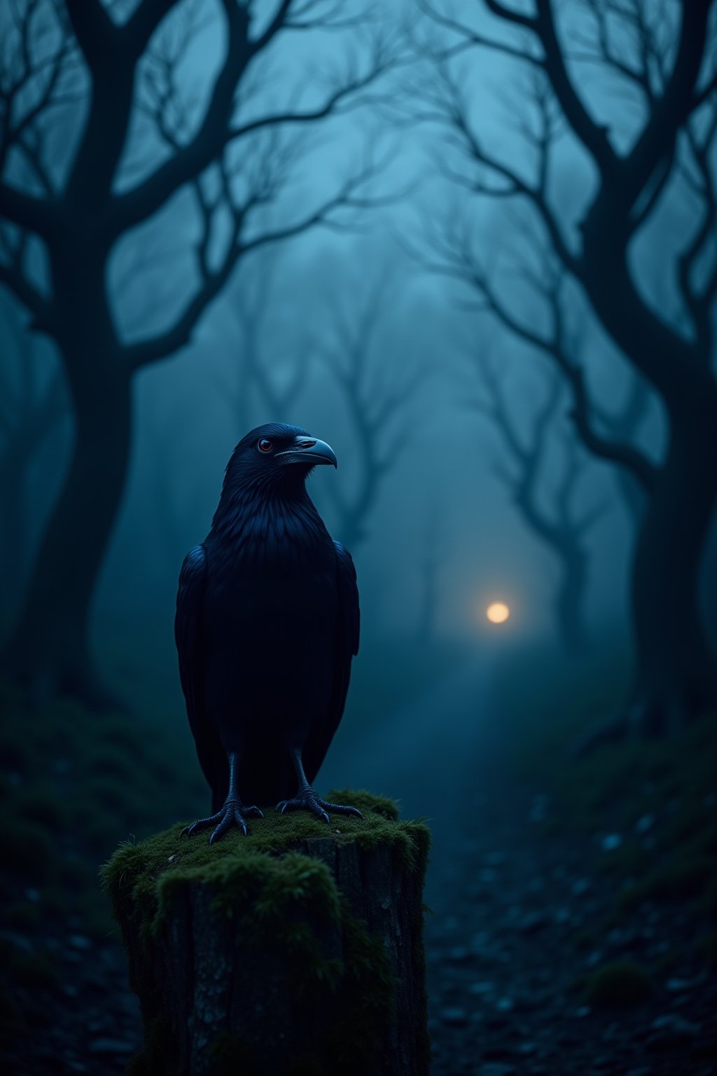 A dark, misty forest at dusk, with twisted tree branches like skeletal fingers reaching towards the sky. A lone raven perches on a moss-covered stump, its inky feathers glistening with dew. The bird's piercing gaze seems to bore into the soul as it gazes directly at the viewer. In the background, a faint light flickers through the trees, casting long shadows that appear to be whispering secrets to each other. The overall atmosphere is eerie and foreboding.