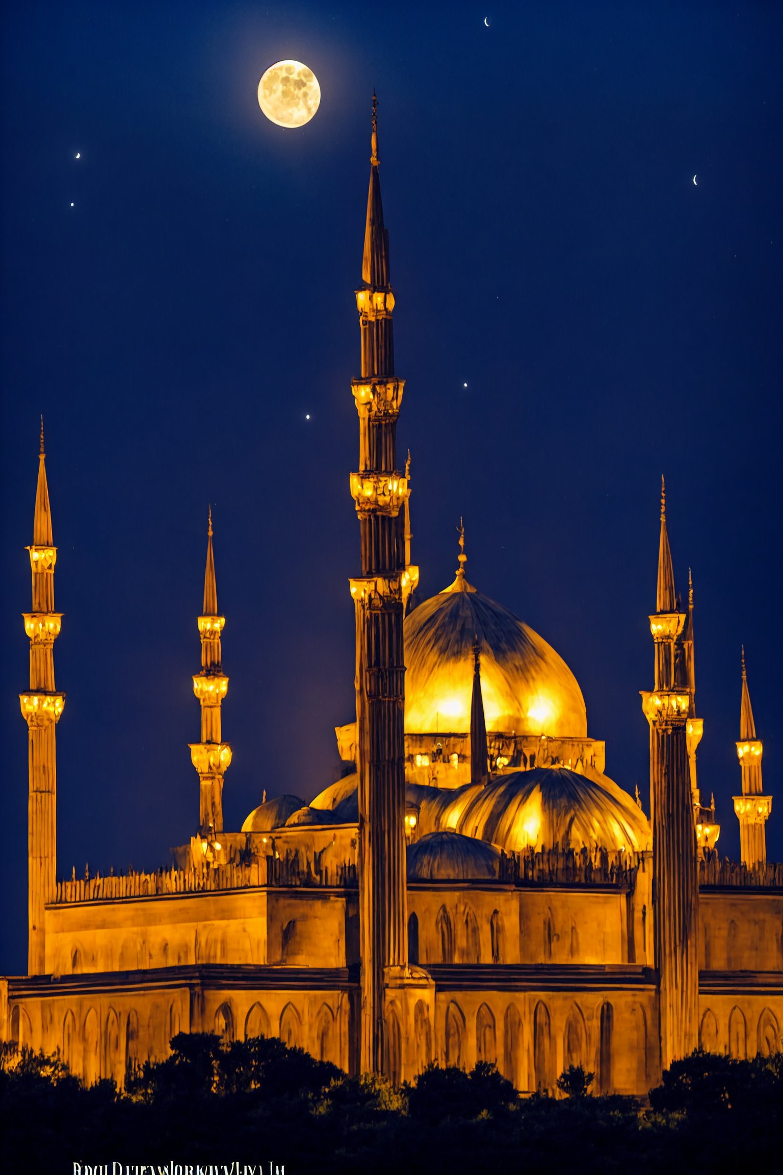 In a tranquil village setting, under a moonless night sky, the majestic mosque rises from the ground, its minarets stretching towards the stars like outstretched arms in prayer. The crescent moon, elusive and veiled, hangs low, refusing to reveal its secrets. Amidst this darkness, hearts flutter with anticipation as whispers of uncertainty weave through the air like threads of silver. The mosque's intricate architecture is bathed in a soft, ethereal glow, drawing attention away from the mysterious night sky and onto its majestic form.