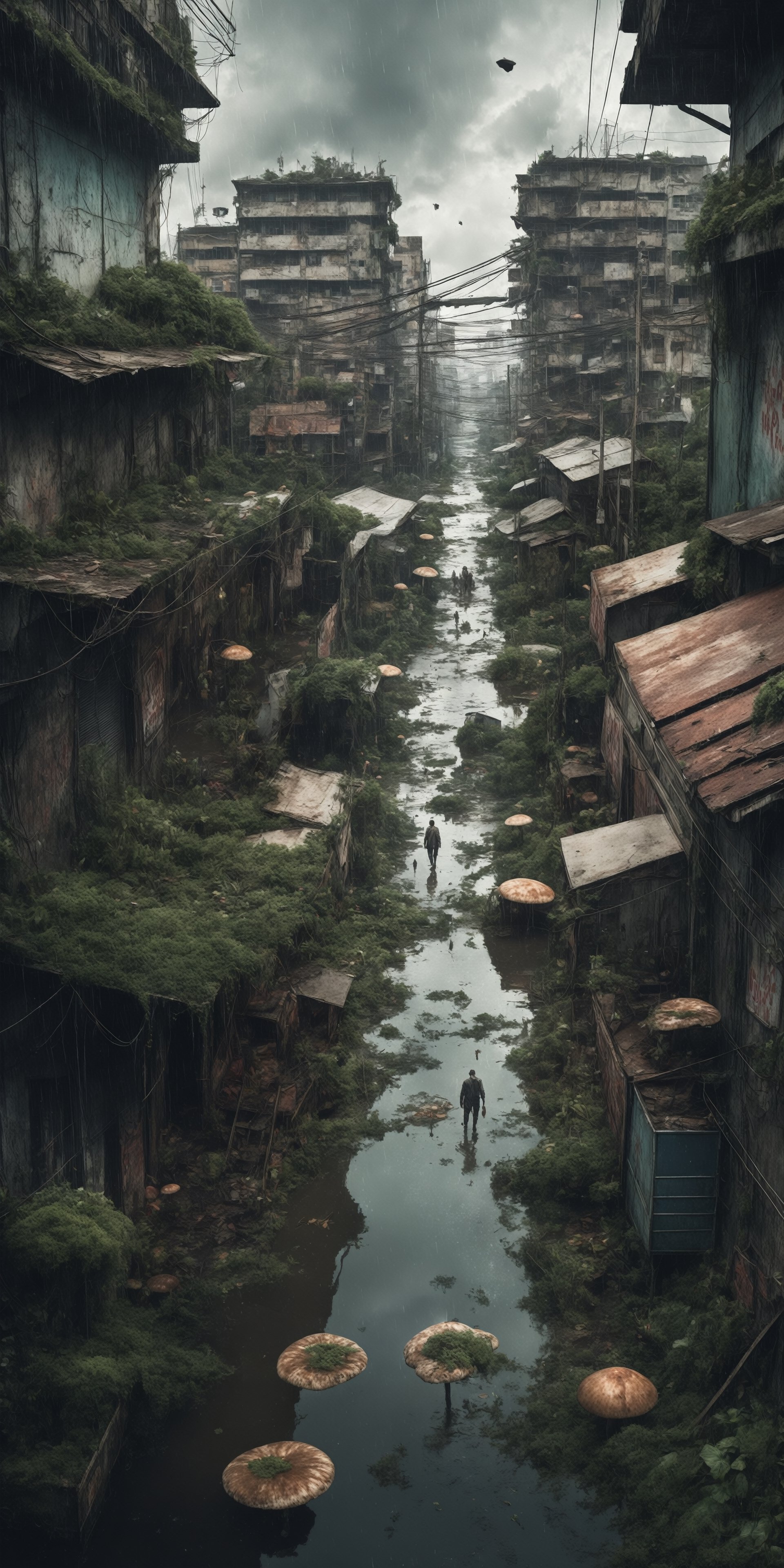 Overhead view of a dilapidated flooded city overgrown with alien fungi, dystopian post apocalyptic world, vagabond dishevelled cyborg people roaming around aimlessly, huge wet serpents swimming through the murky dirty water, broken shops signage and billboards