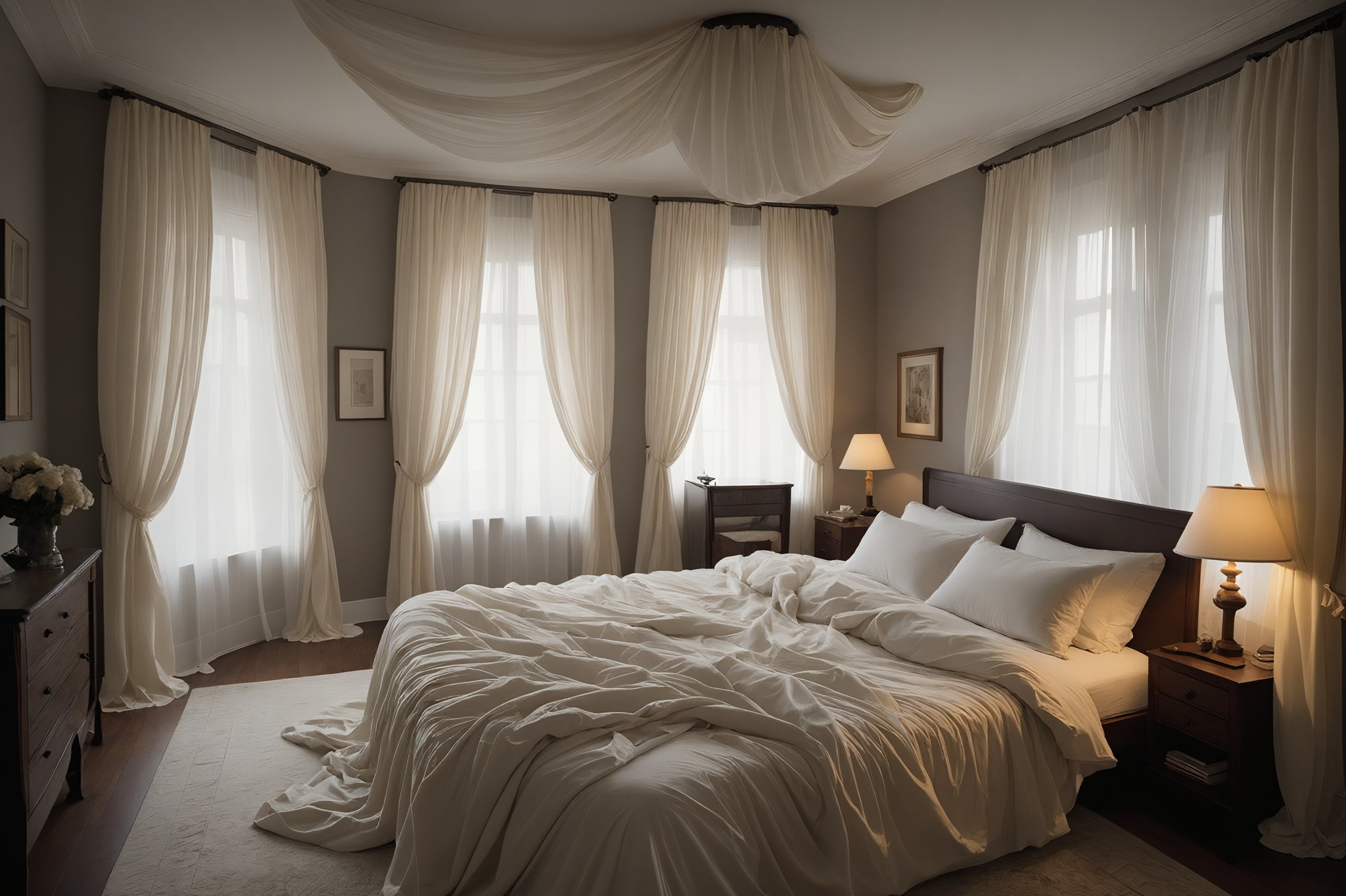 Capture a hauntingly beautiful scene from above: a sprawling bed with rumpled sheets in soft cream, white shades, set against crisp white walls and sheer curtains filtering faint luminescence. Dark shadows dance on the walls, infusing the dimly lit bedroom with an air of mystery.