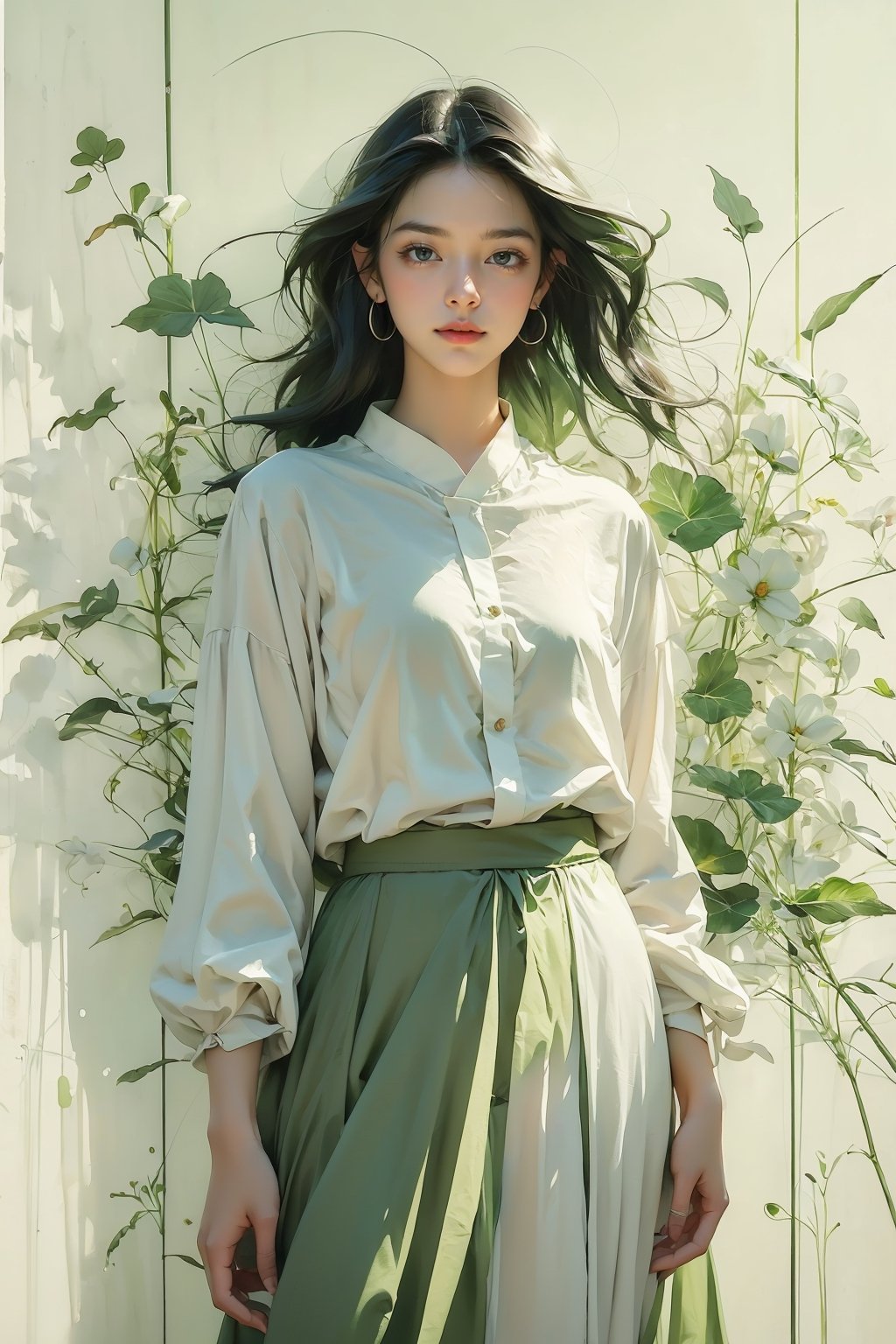 extreme detailed, (masterpiece), (top quality), (best quality), (official art), (beautiful and aesthetic:1.2), (stylish pose), (1 woman), (colorful), (green-white theme: 1.5), ppcp, medium length skirt, 	looking into distance, long wavy black hair,
perfect,ChineseWatercolor Painting,Chromaspots