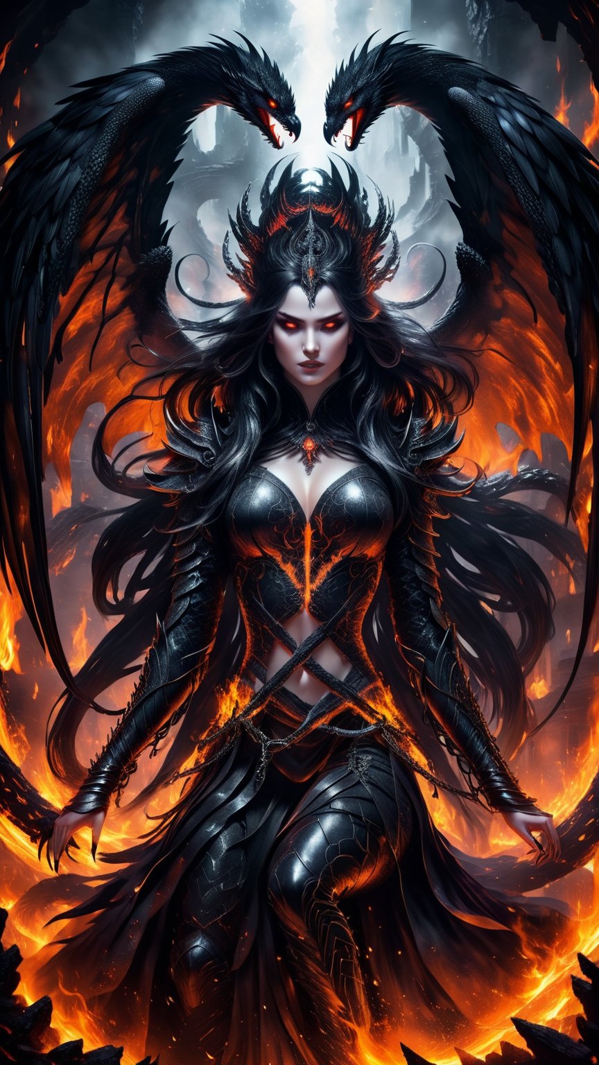 Against a backdrop of smoldering darkness, Lilith, Queen of Hell, sits enthroned amidst a vortex of fiery chaos. Her raven tresses cascading like night's veil, she wears black metal armor, adorned with serpent-like finery. The throne itself, crafted from snake-bone and flame-kissed wood, appears to be forged from the very essence of darkness. In the cavernous vaulted chamber, lava flows like a liquid inferno, as embers dance in the air, casting an eerie glow. Lilith's piercing gaze seems to pierce the shadows, her beauty and power radiating like a beacon in the abyss.